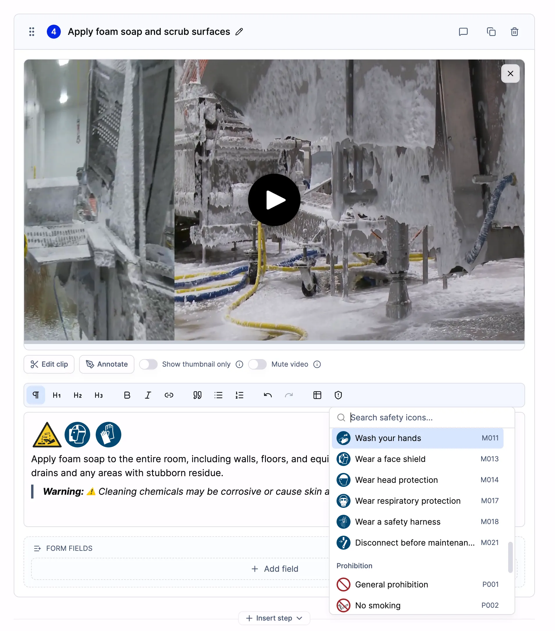 The SOPX step editor with the safety icon picker open, listing ISO 7010 mandatory signs such as wash your hands, wear a face shield, and wear head protection, with their codes.