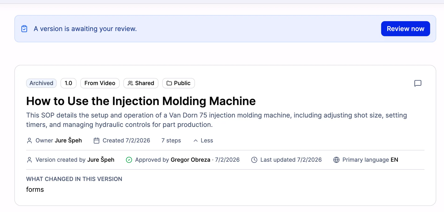 A procedure header in SOPX showing who approved the current version and when.