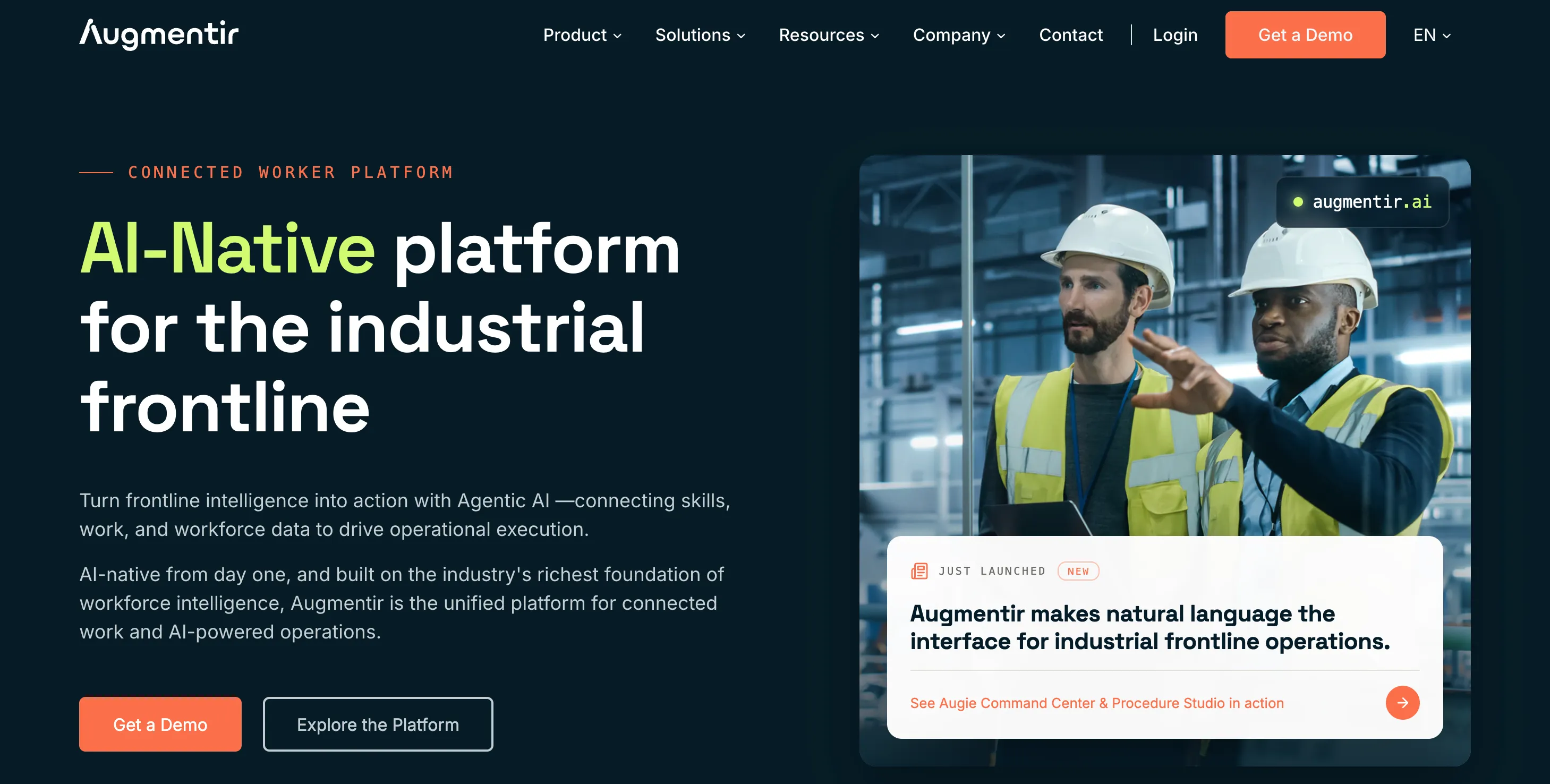 The Augmentir homepage in October 2026, labelled Connected Worker Platform, with the headline AI-Native platform for the industrial frontline and a photo of two workers in hard hats and safety vests.