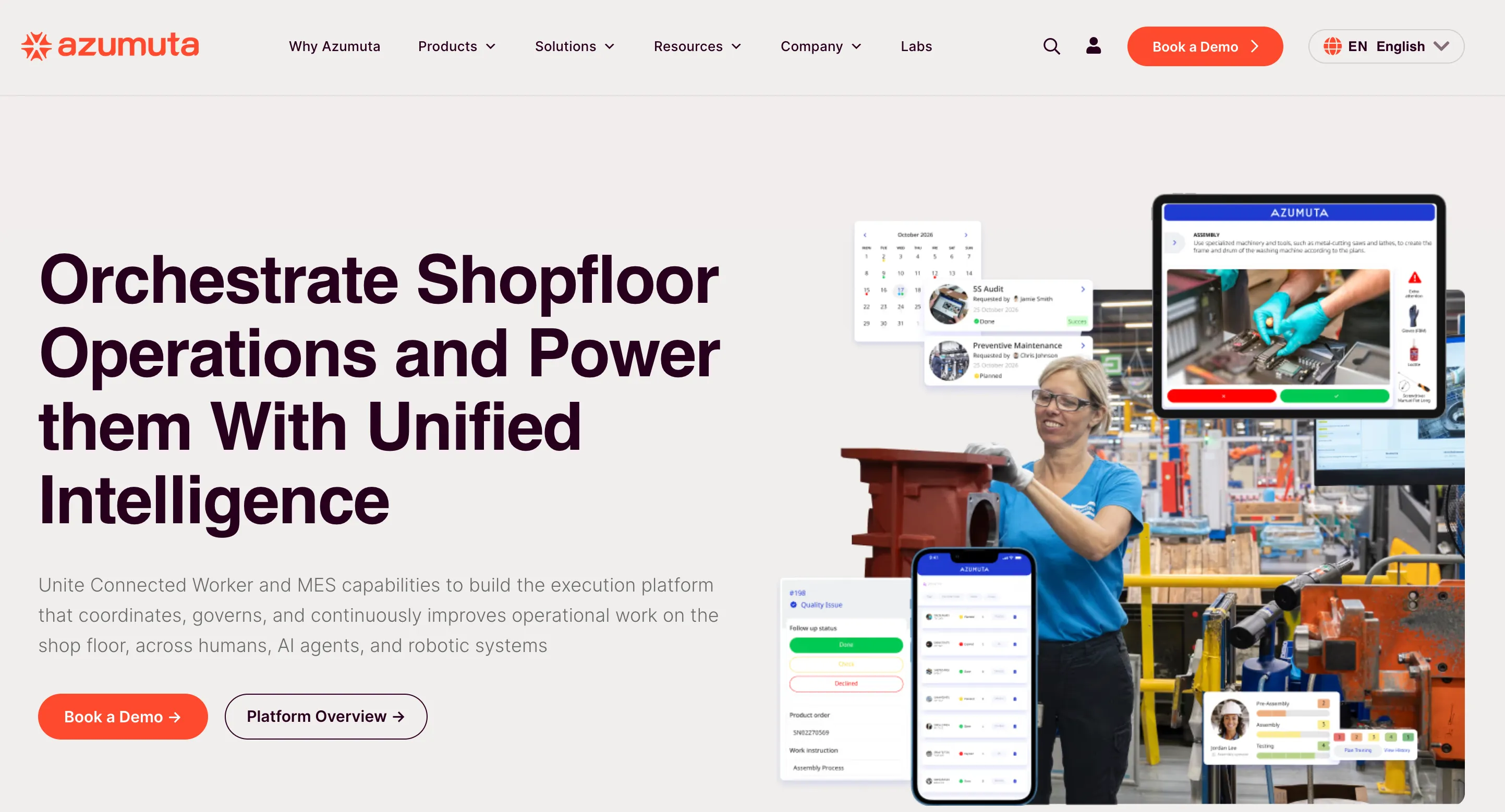 The Azumuta homepage in October 2026, with the headline Orchestrate Shopfloor Operations and Power them With Unified Intelligence, beside product screens for an assembly instruction, a 5S audit and a quality issue.