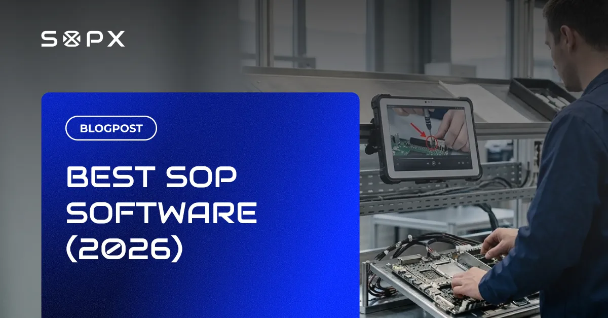Operator using SOP software on a tablet beside manufacturing equipment.