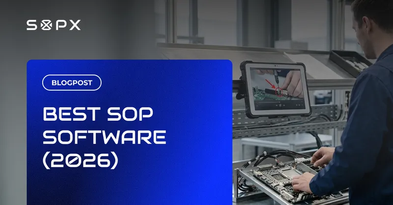 Operator using SOP software on a tablet beside manufacturing equipment.