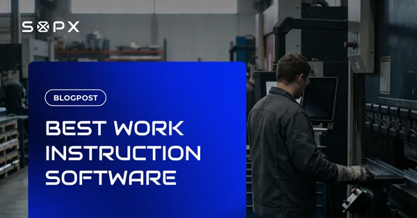 Operator at a press brake checking a digital work instruction on a screen mounted beside the machine.