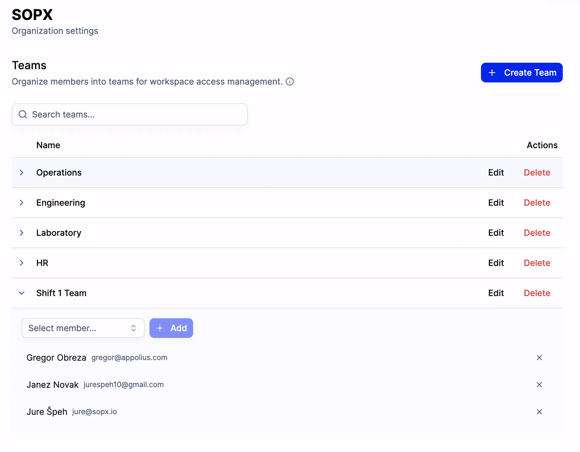 Creating a team and adding members in SOPX.