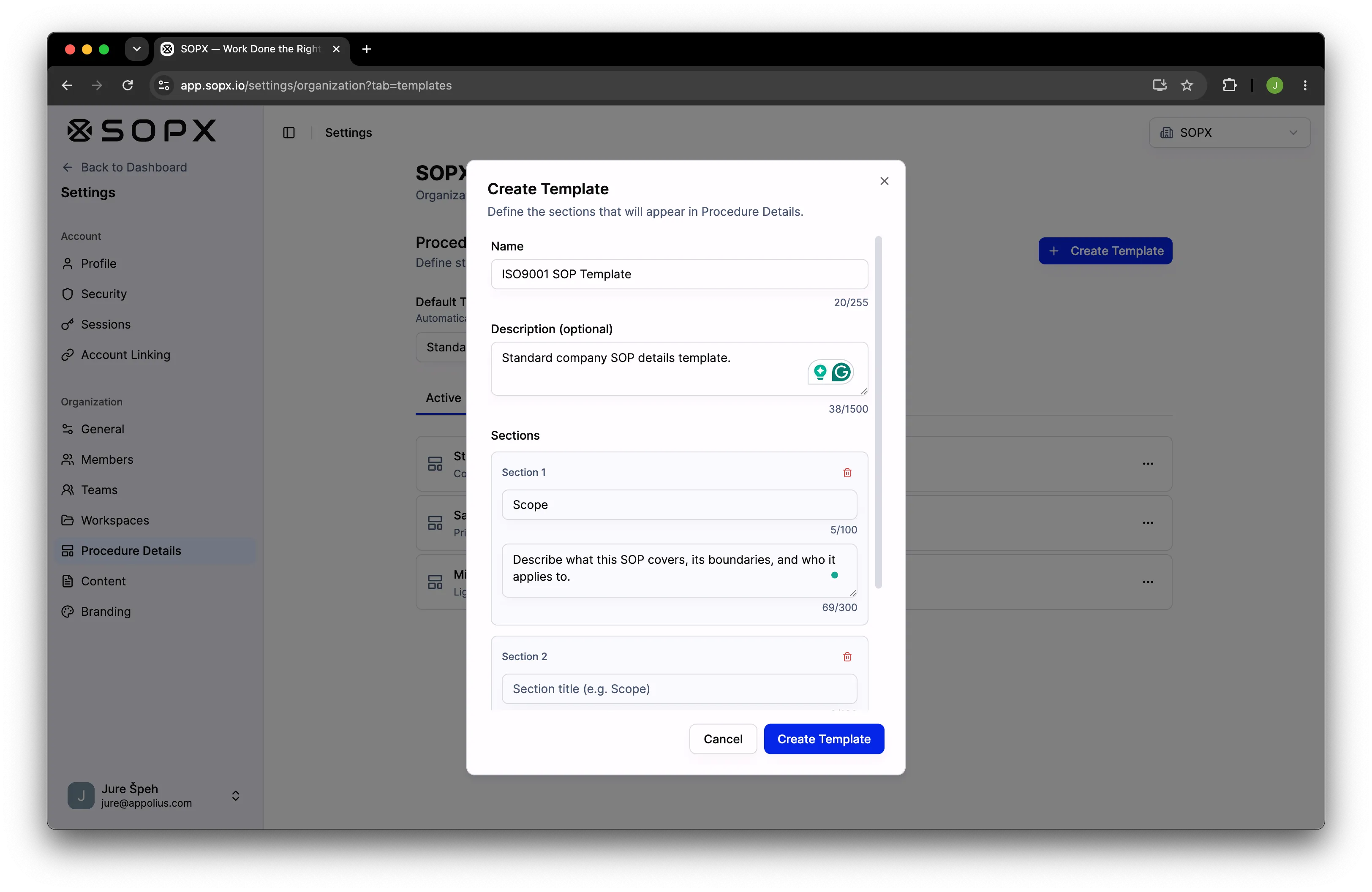 Creating an SOP template in SOPX, with each section showing a Title and an AI-guidance description