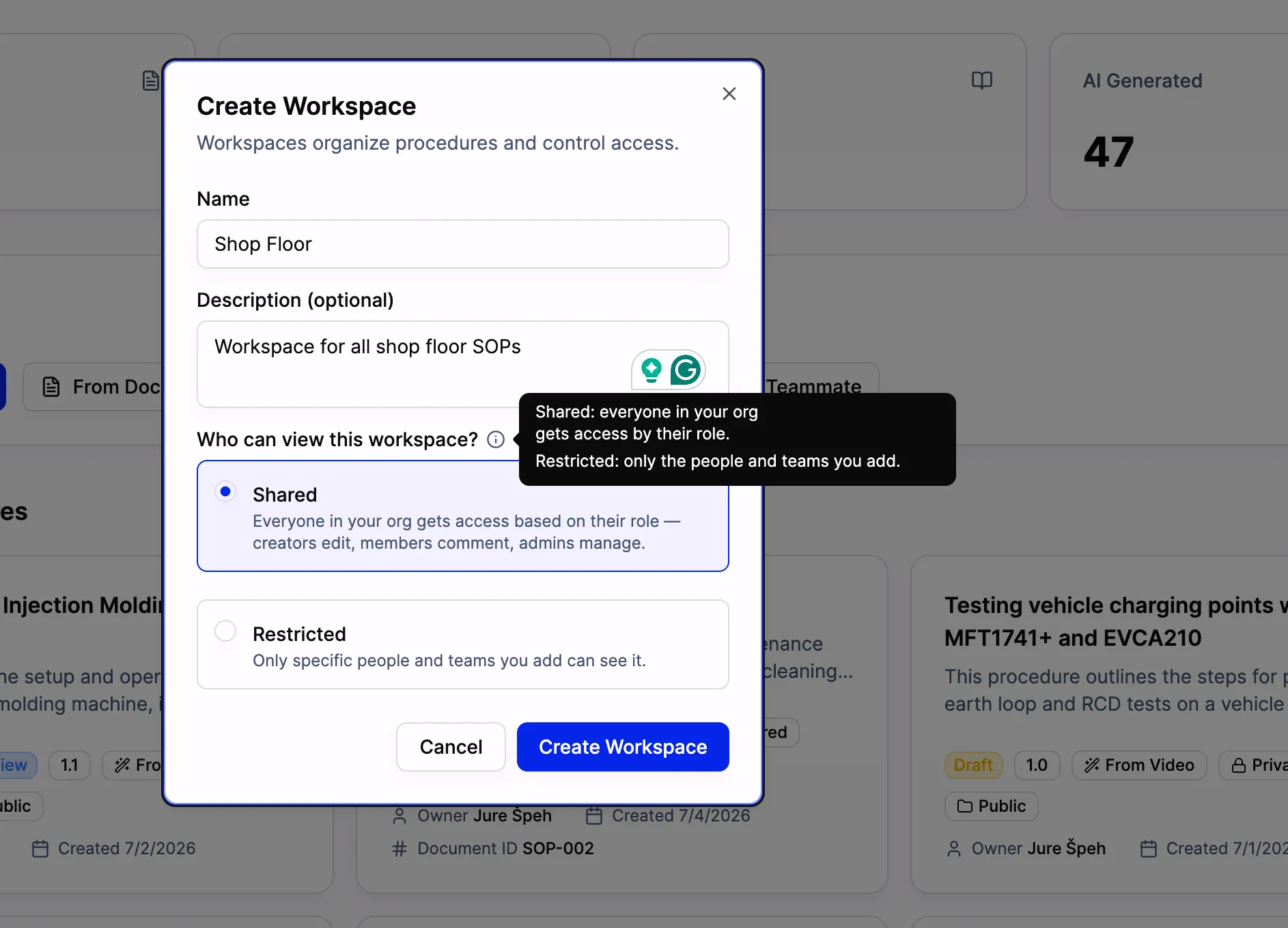 Creating a workspace and choosing Shared or Restricted visibility in SOPX.