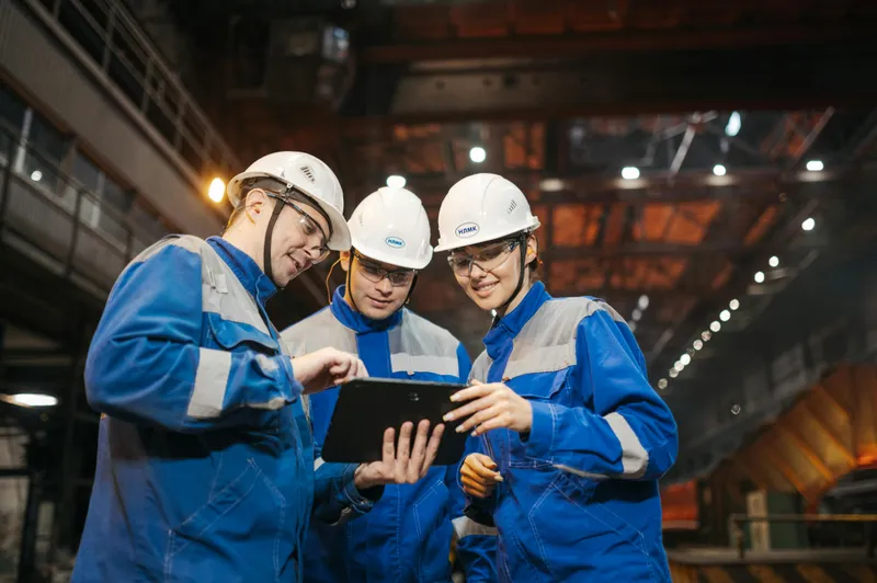 Three Shop floor workers with white helmets in blue jackets using digital work instructions on a tablet.