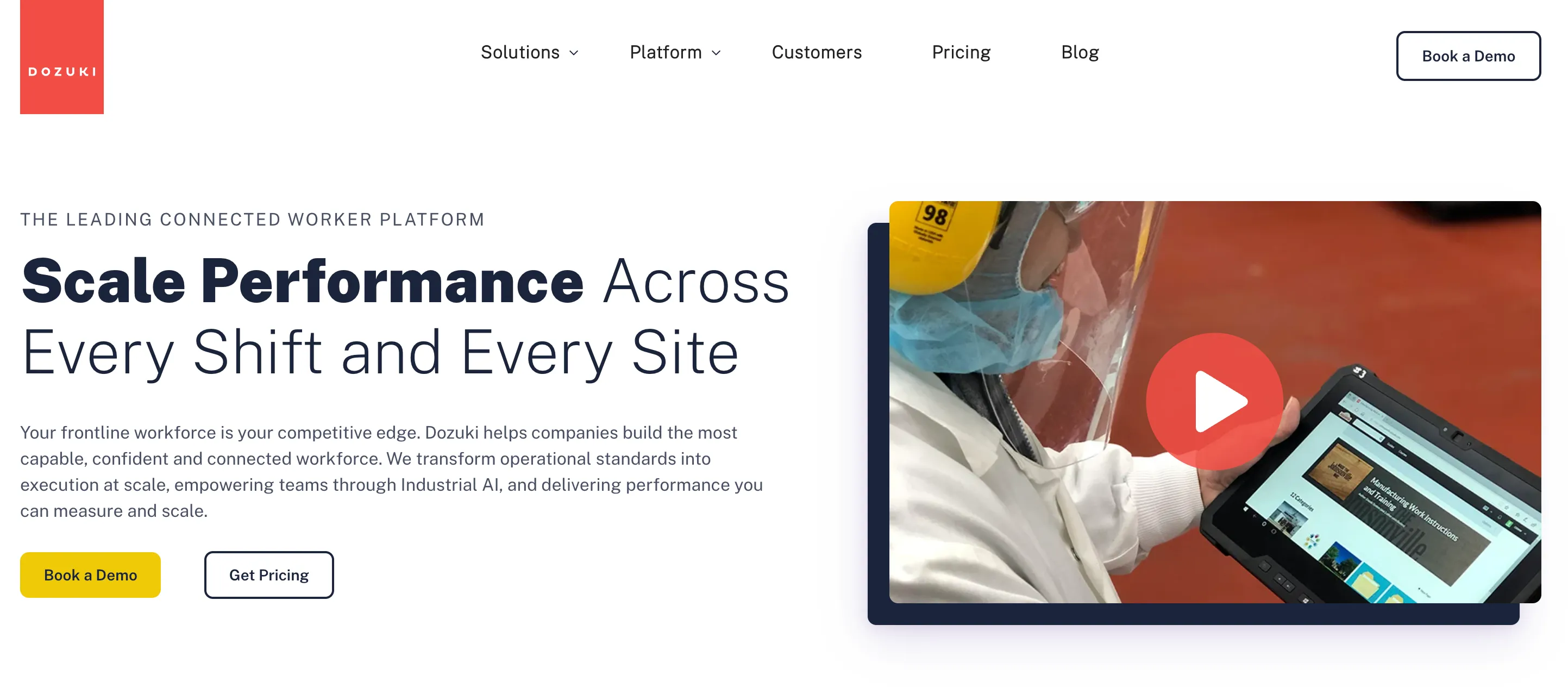 The Dozuki homepage in October 2026, with the label The Leading Connected Worker Platform, the headline Scale Performance Across Every Shift and Every Site, and Book a Demo and Get Pricing buttons.