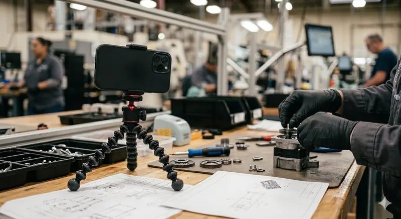 Factory worker assembling gears recorded by a smartphone on a tripod.