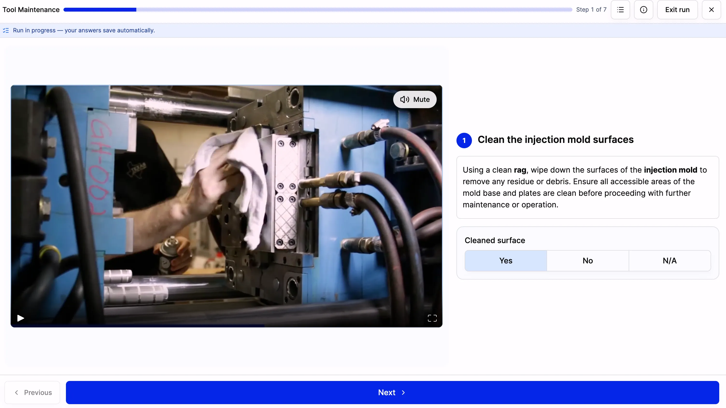 A step in SOPX Run mode showing the task video beside a Yes/No/N-A checklist the worker completes.