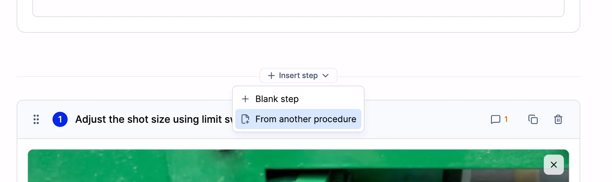 The Insert step menu open on the insert line in the SOPX editor, showing two options, Blank step and From another procedure, above the first step of a procedure.