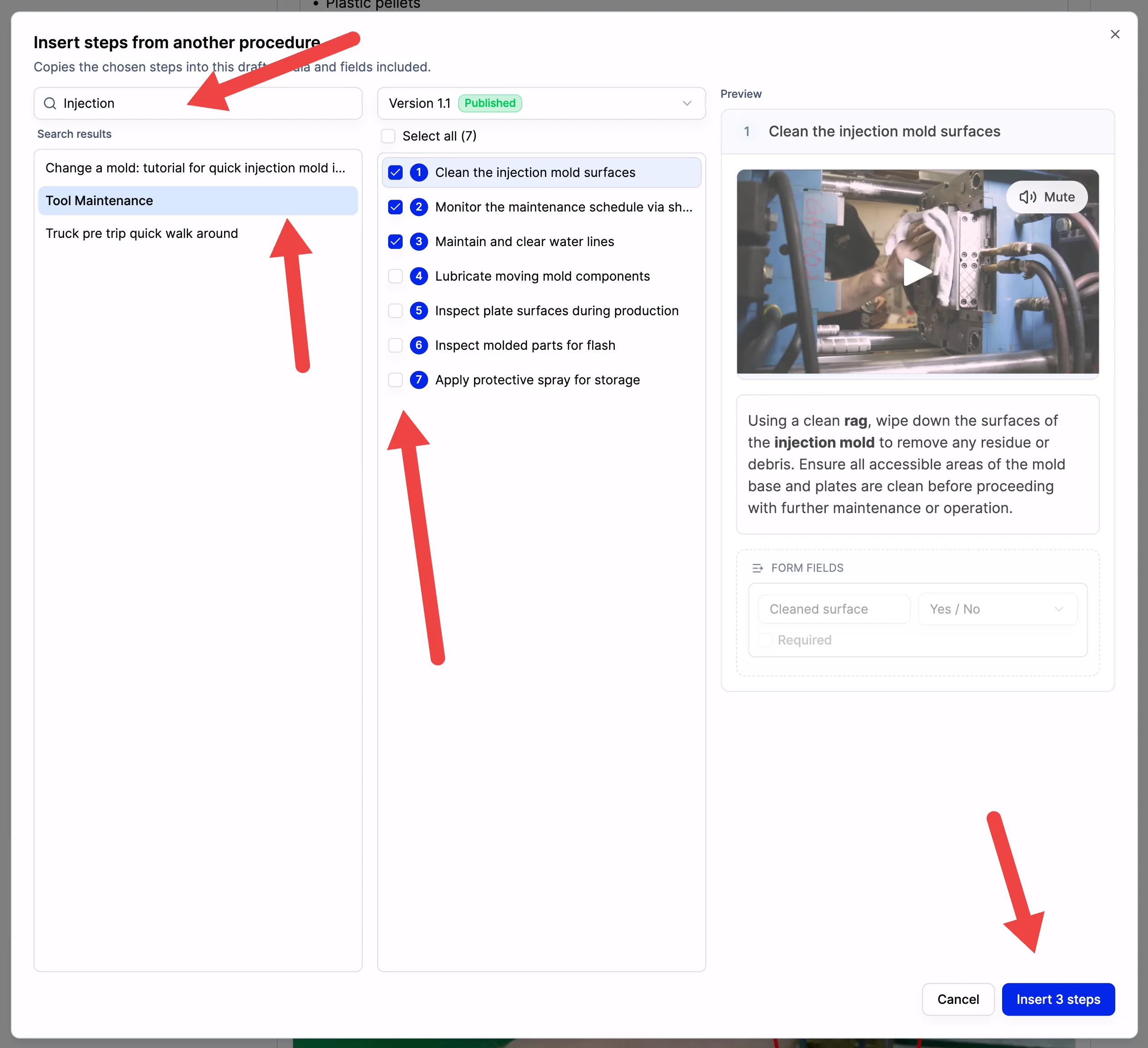 The Insert steps from another procedure dialog in SOPX, with a procedure search and results on the left, a published version selector above a checklist of seven steps in the middle, and a preview of the selected step with its video and Run mode form fields on the right.