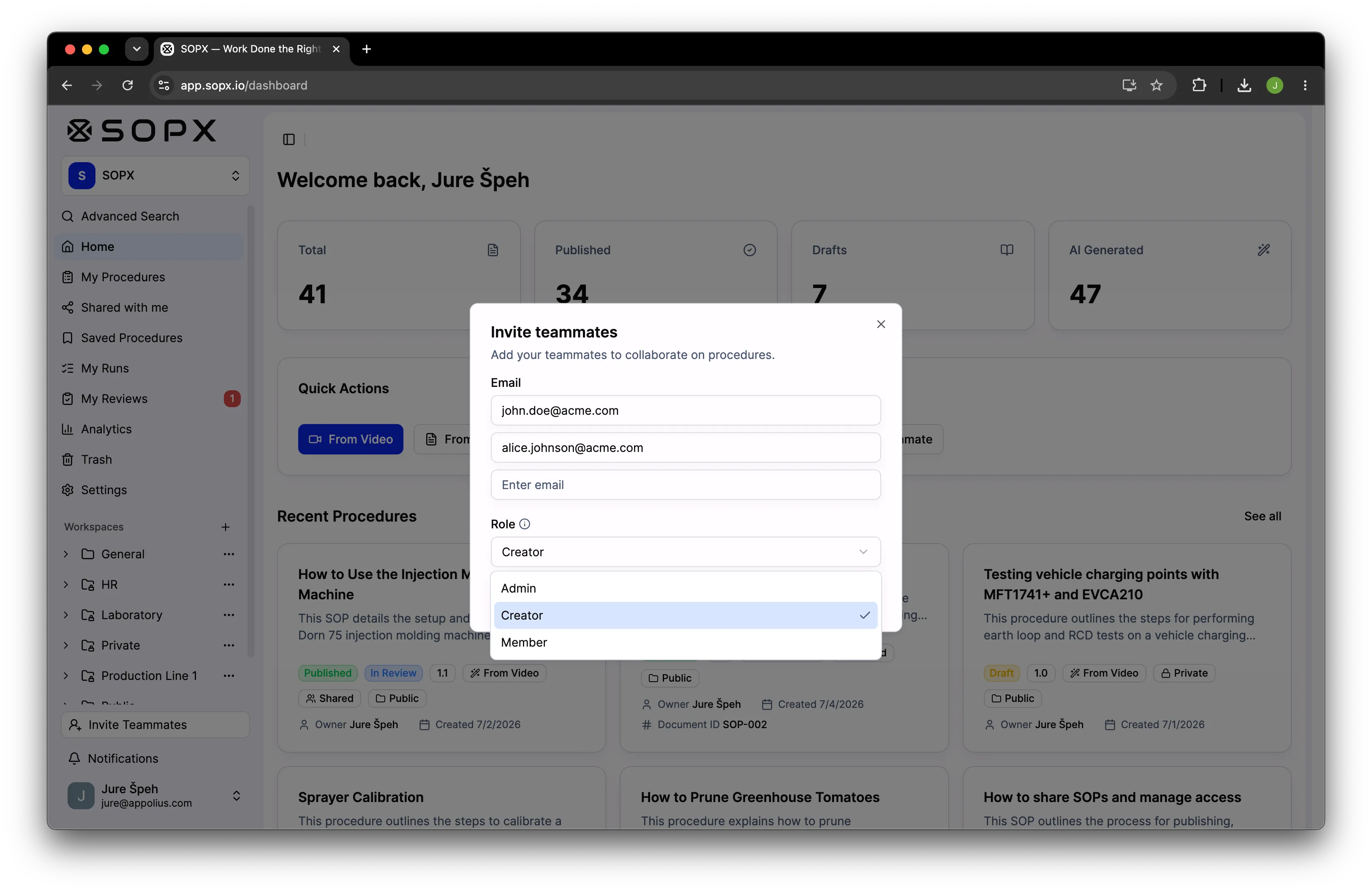 Inviting a teammate to SOPX and assigning their organization role: Owner, Admin, Creator, or Member.