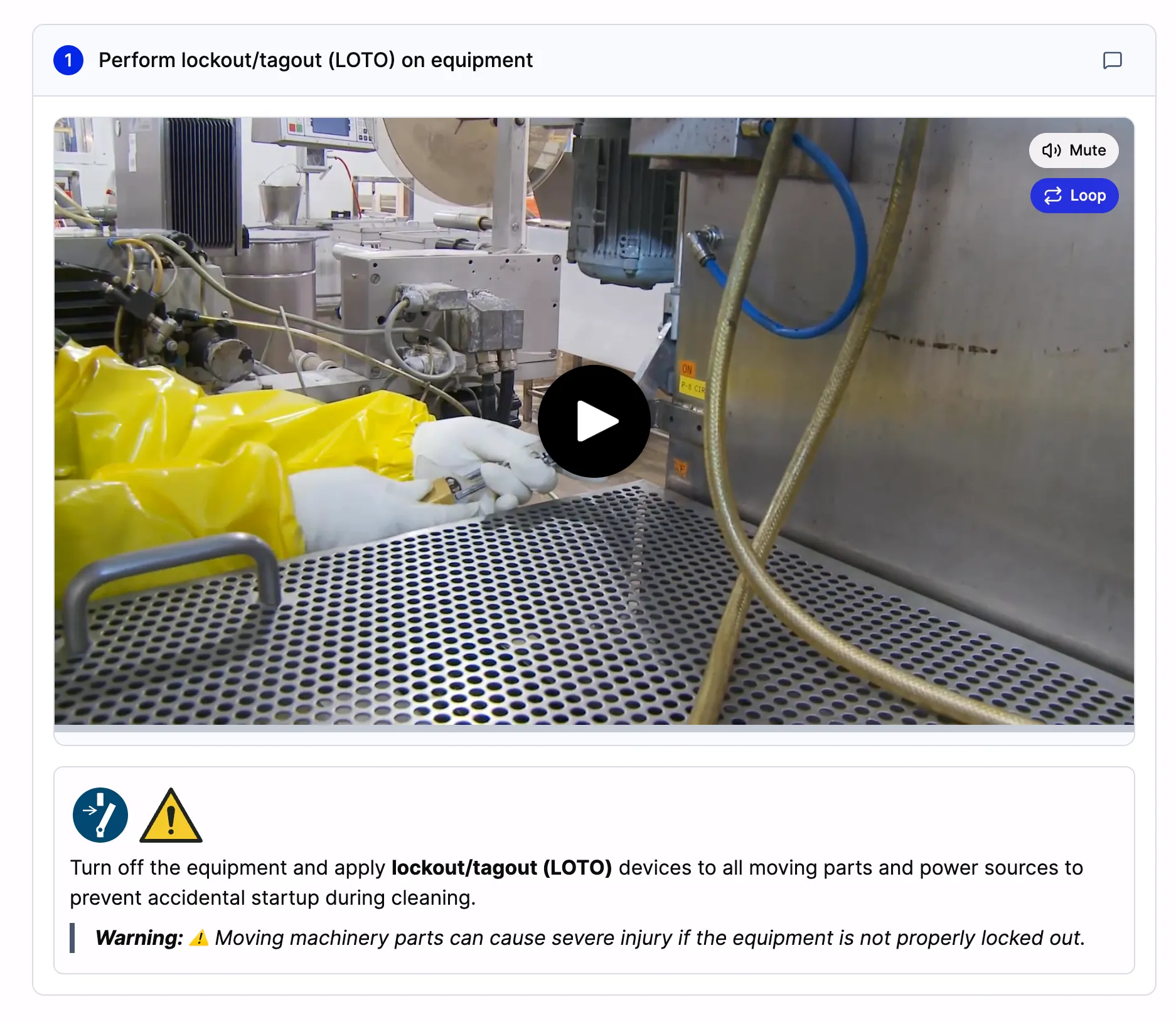 An SOPX step titled Perform lockout/tagout (LOTO) on equipment, with the ISO 7010 disconnect before maintenance and general warning icons at the top of the step description.