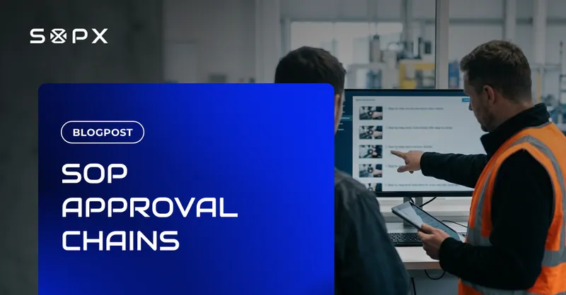 Two colleagues reviewing work instructions on a screen, one pointing at a step.