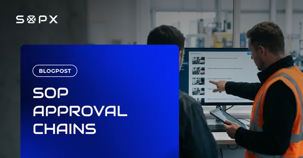Two colleagues reviewing work instructions on a screen, one pointing at a step.