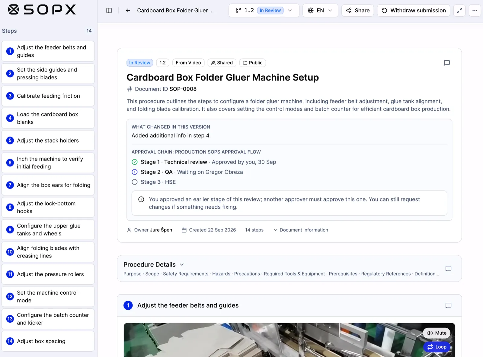 A SOPX procedure in review showing an approval chain: stage 1 Technical review approved, stage 2 QA waiting on an approver, stage 3 HSE not started.