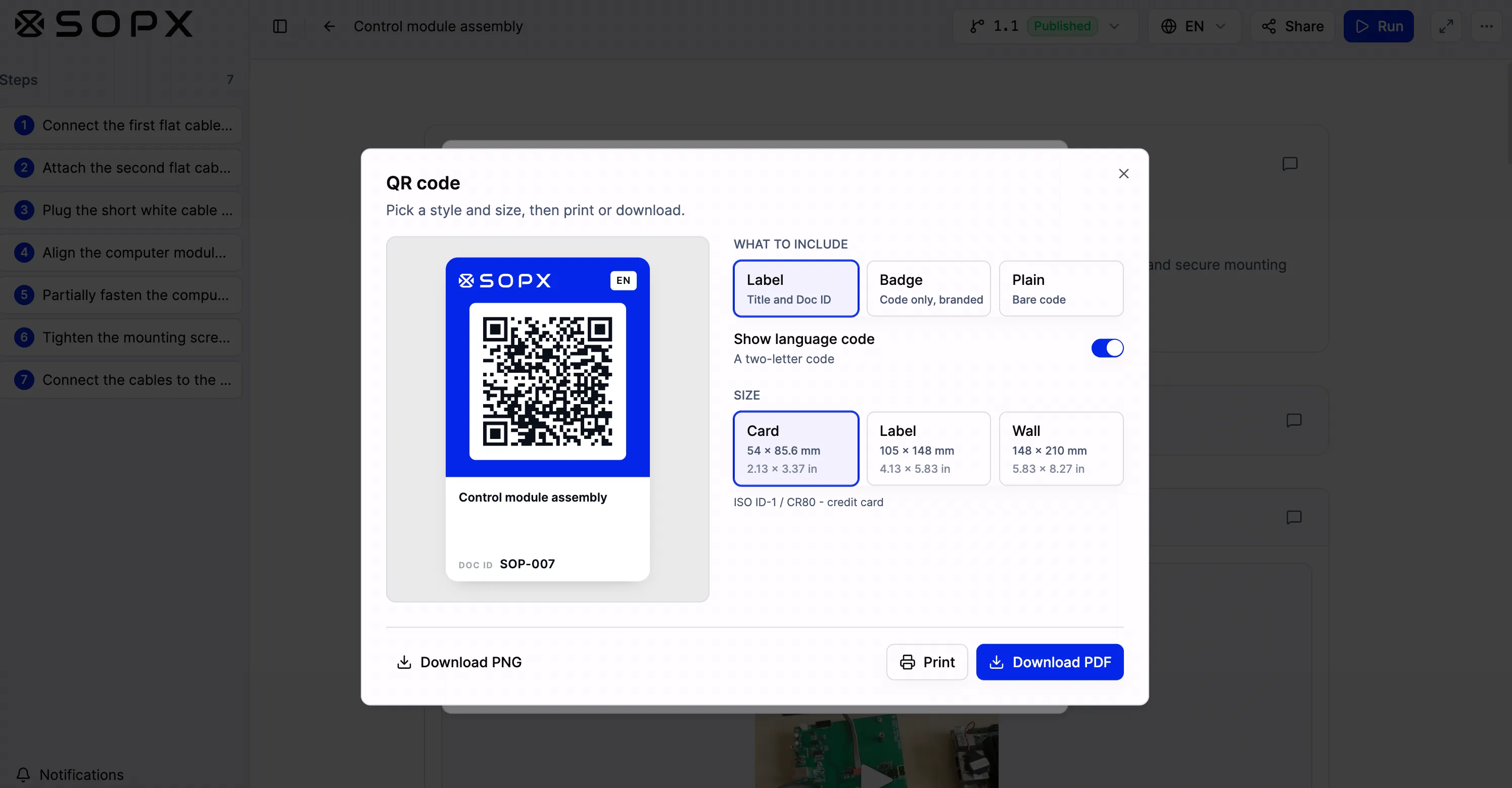 The SOPX QR code dialog showing style options for Label, Badge, and Plain, a language code toggle, card, A6 and A5 sizes, and buttons to download a PNG, print, or download a PDF.