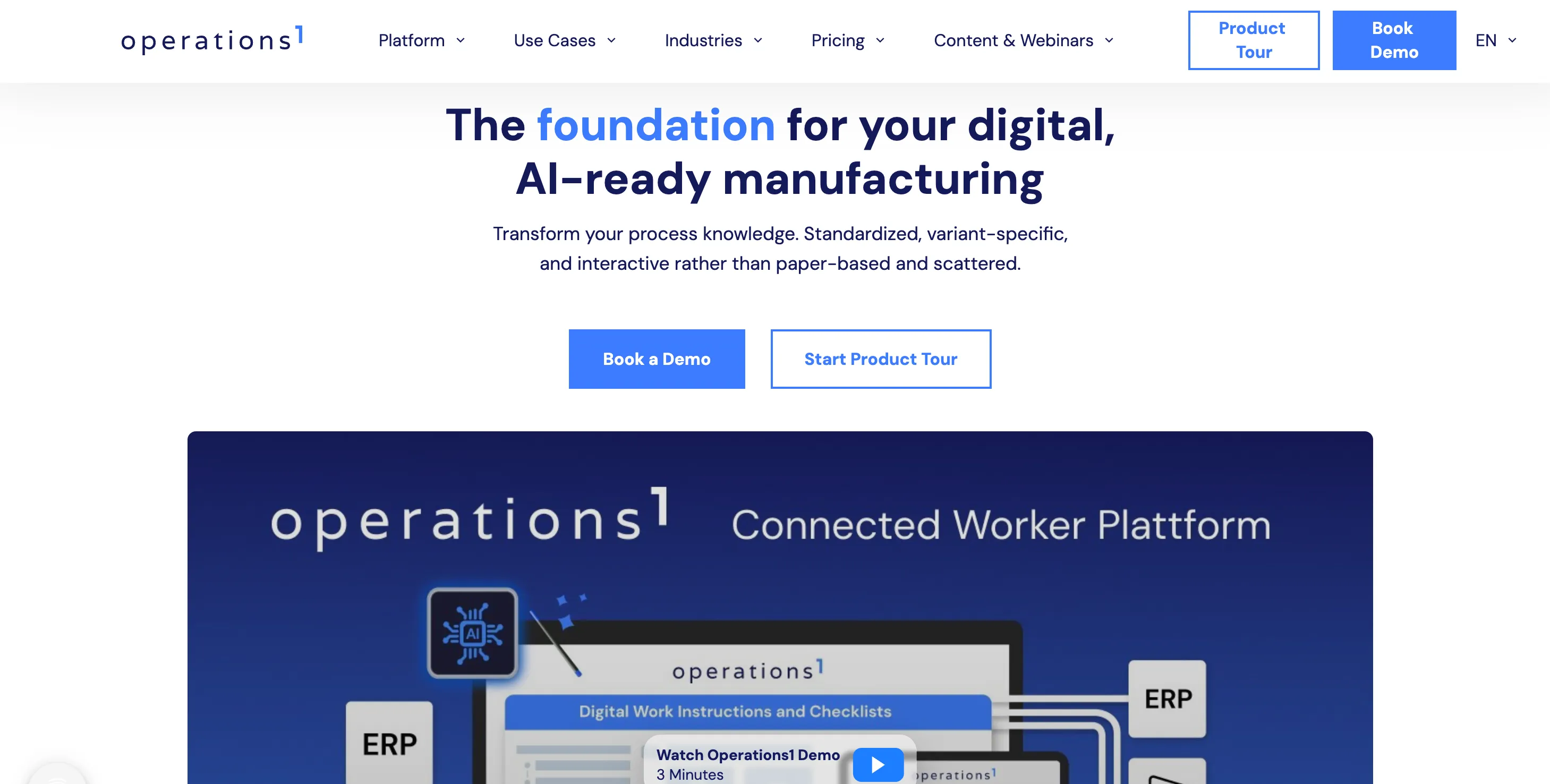 The Operations1 homepage in October 2026, with the headline The foundation for your digital, AI-ready manufacturing and a diagram of digital work instructions and checklists connected to ERP systems.