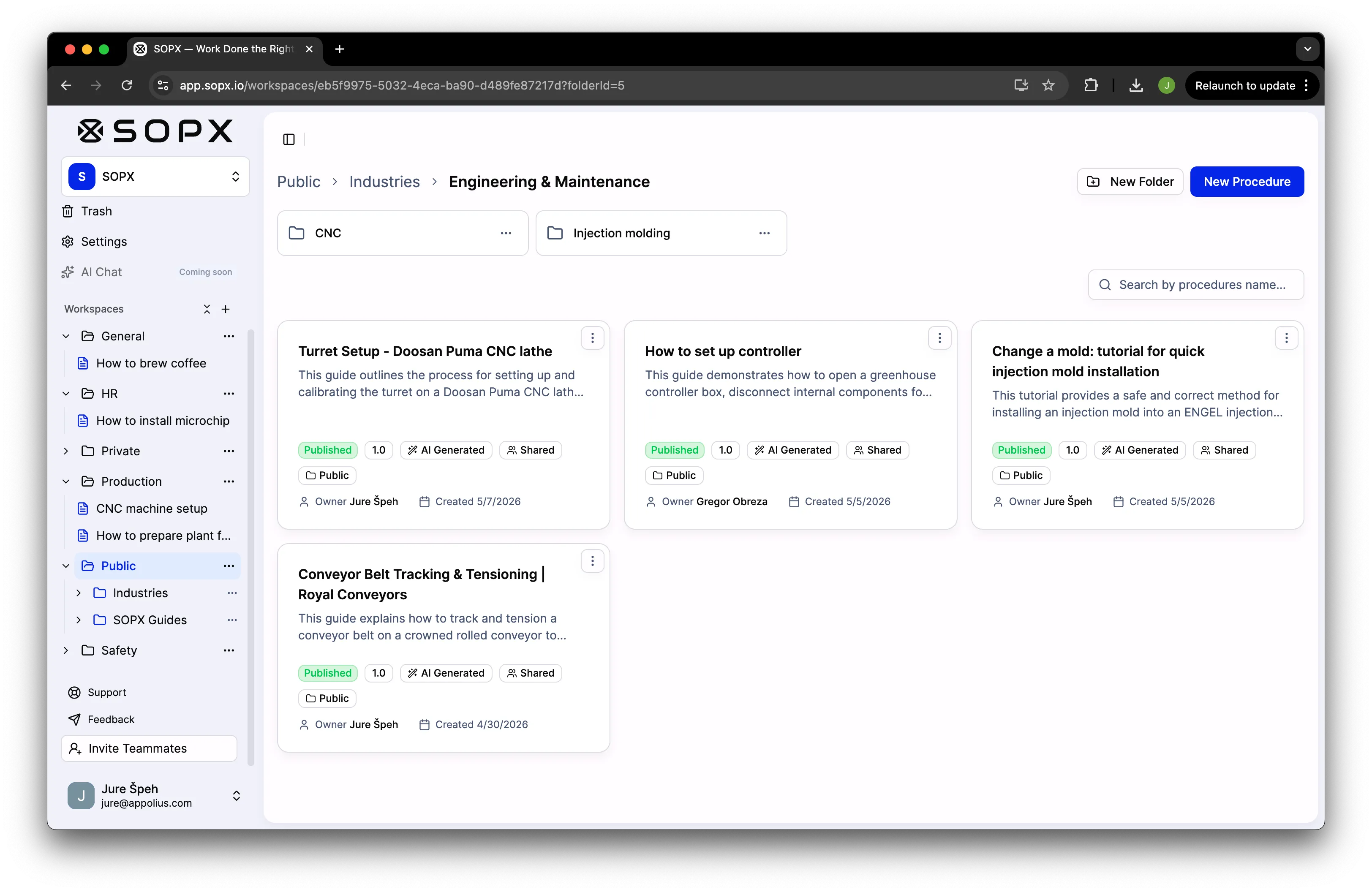 SOPX workspace overview showing departments and SOP tiles