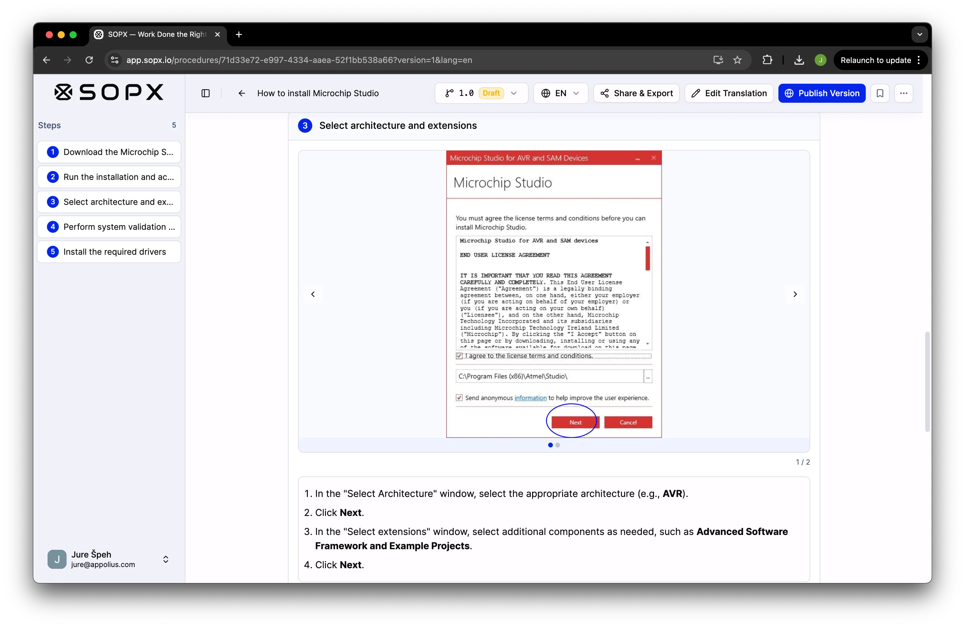 SOPX import view turning a PDF into a structured SOP