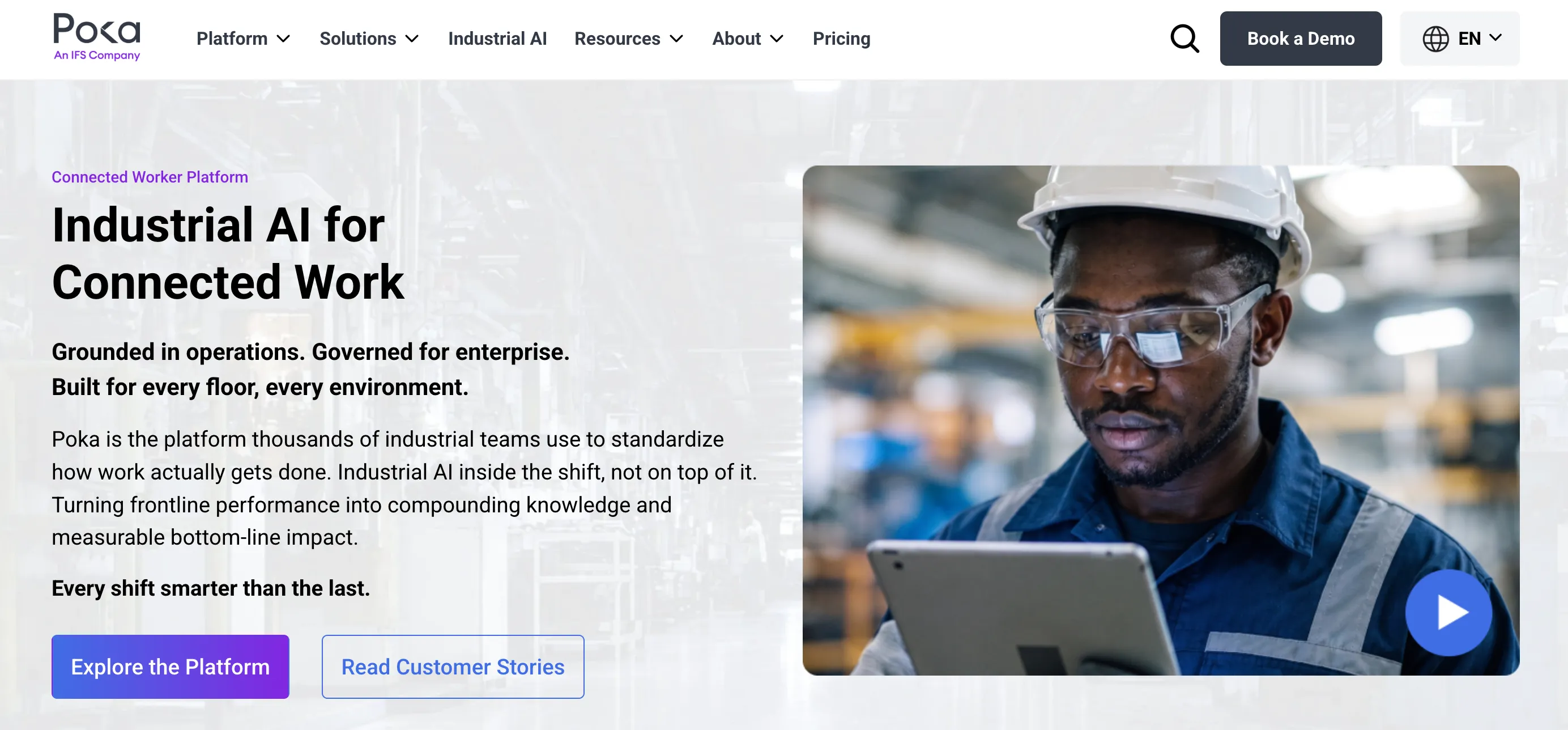 The Poka homepage in October 2026, labelled Connected Worker Platform, with the headline Industrial AI for Connected Work and a photo of a worker in a hard hat using a tablet.