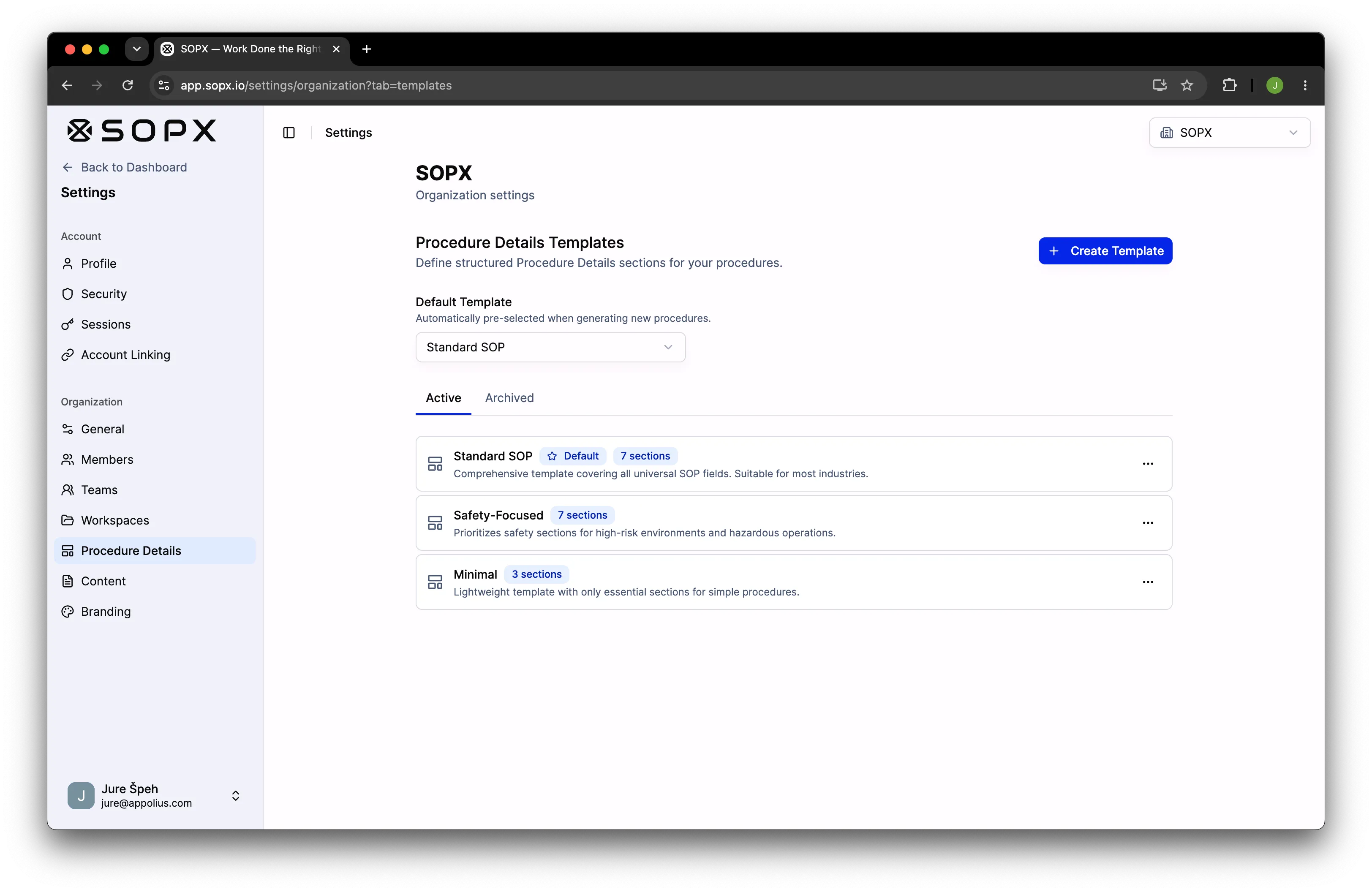 The Procedure Details template settings in SOPX showing the Standard, Safety-Focused, and Minimal templates
