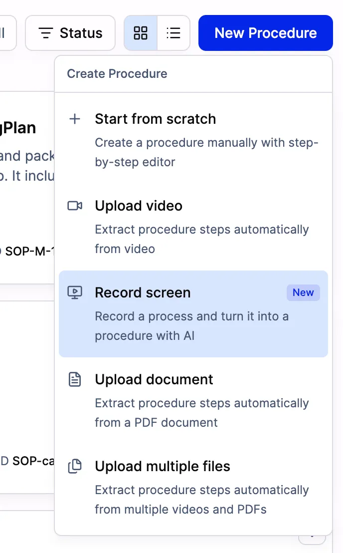 The SOPX New Procedure menu with options to start from scratch, upload a video, record the screen, upload a document, or upload multiple files.
