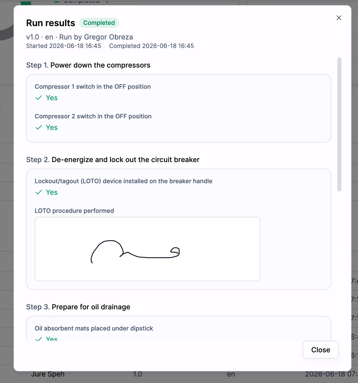 A completed run results view in SOPX showing each step's answers, the person who ran it, timestamps, and a captured signature.