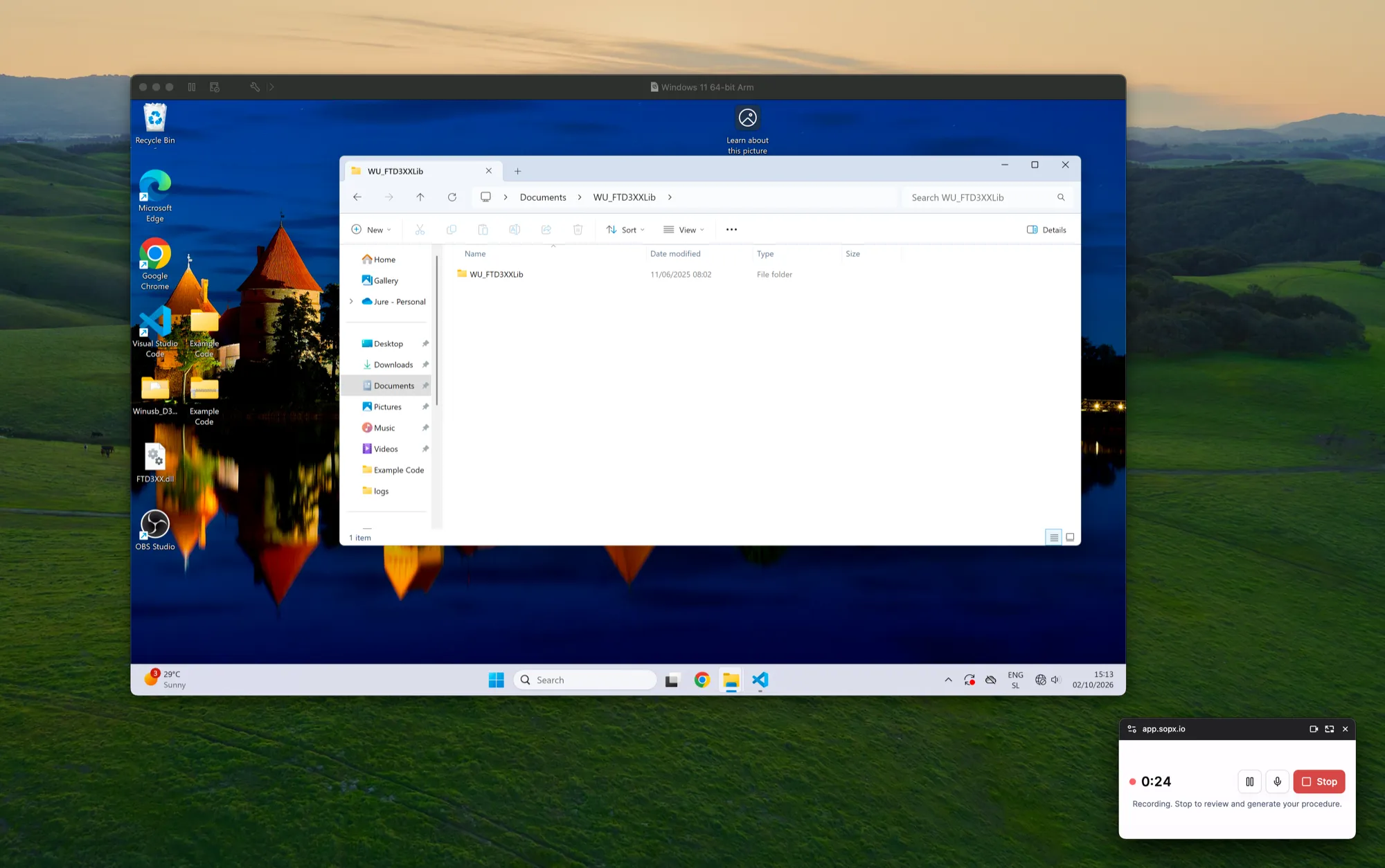 A Windows desktop being recorded, with the SOPX floating control window in the corner showing the recording time and pause, mute, and stop buttons.