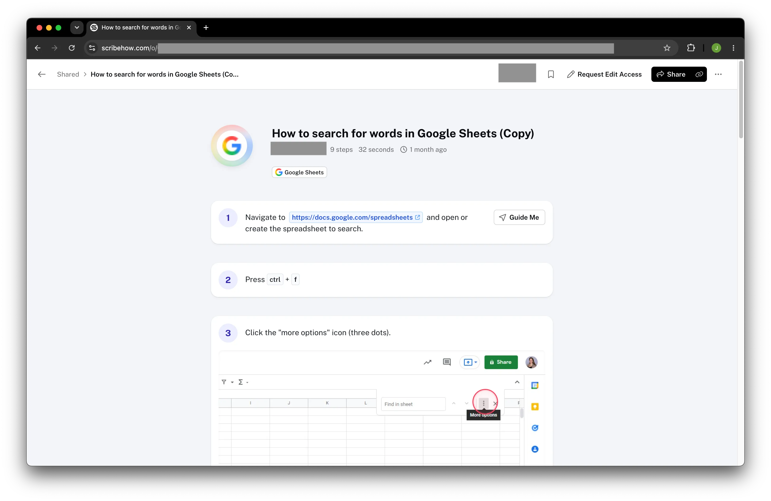 A Scribe guide titled How to search for words in Google Sheets, showing nine steps captured in 32 seconds, with short numbered instructions and a screenshot on step three where the target button is circled in red.