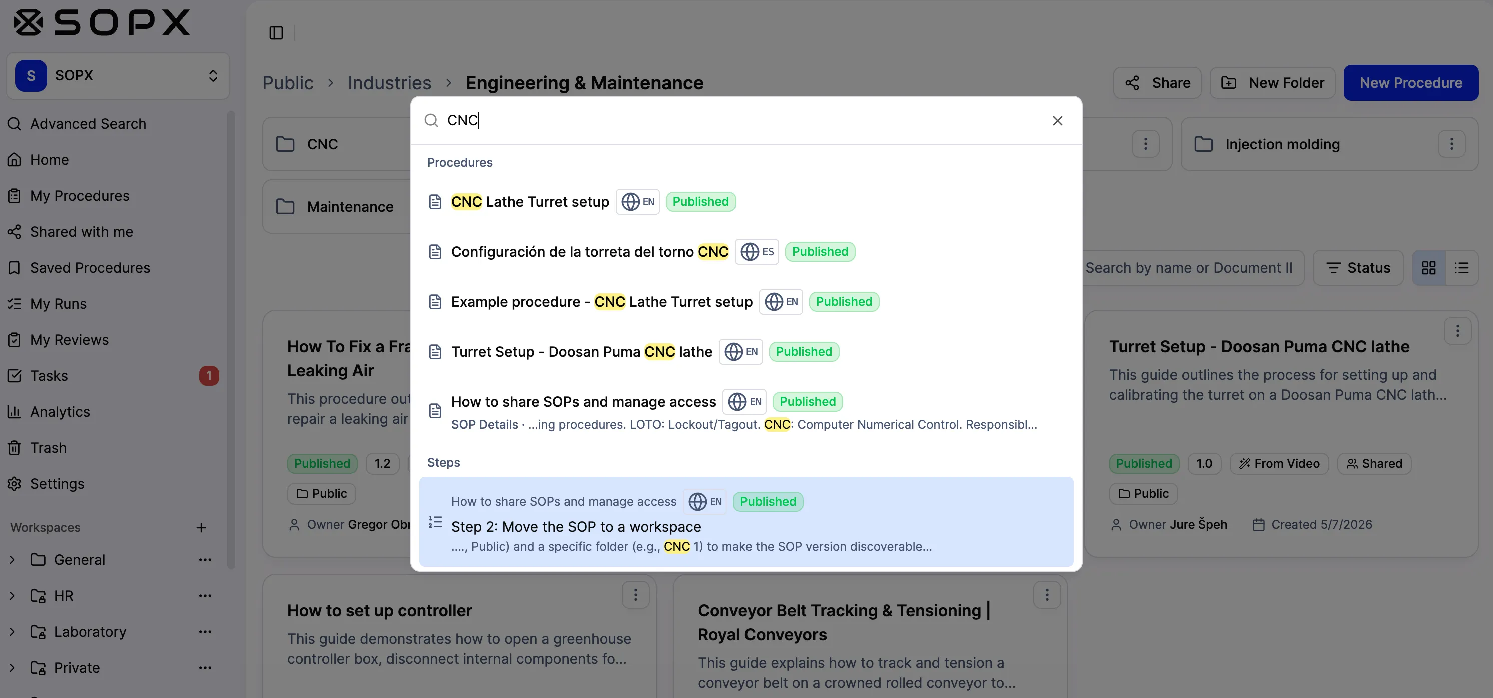 Search across a SOPX library, showing results for CNC that match published procedures in English and Spanish as well as an individual step inside another procedure.