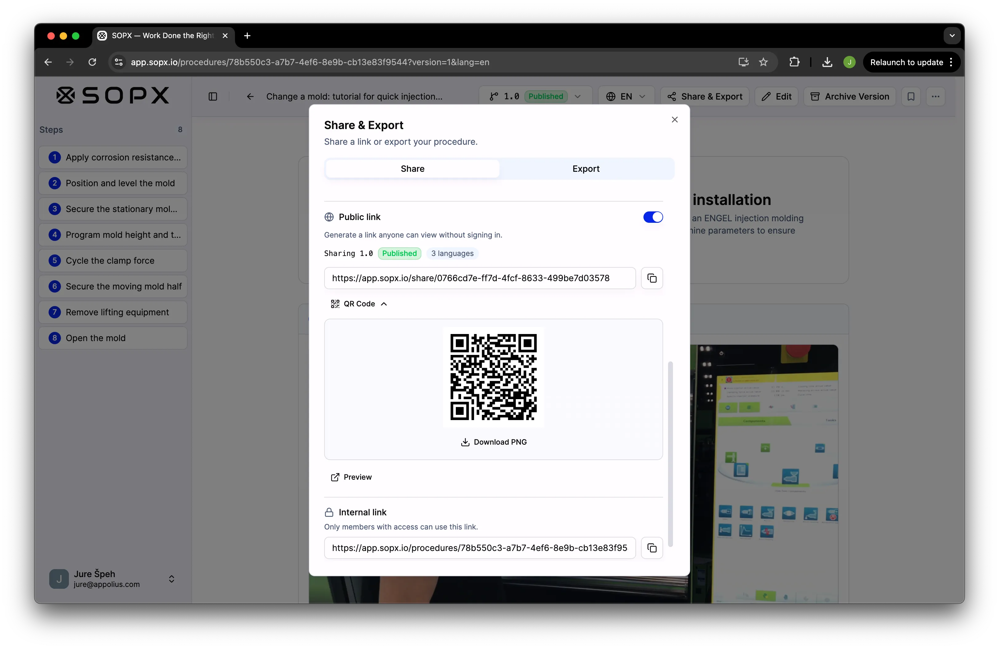 SOPX share modal with QR code and public SOP view