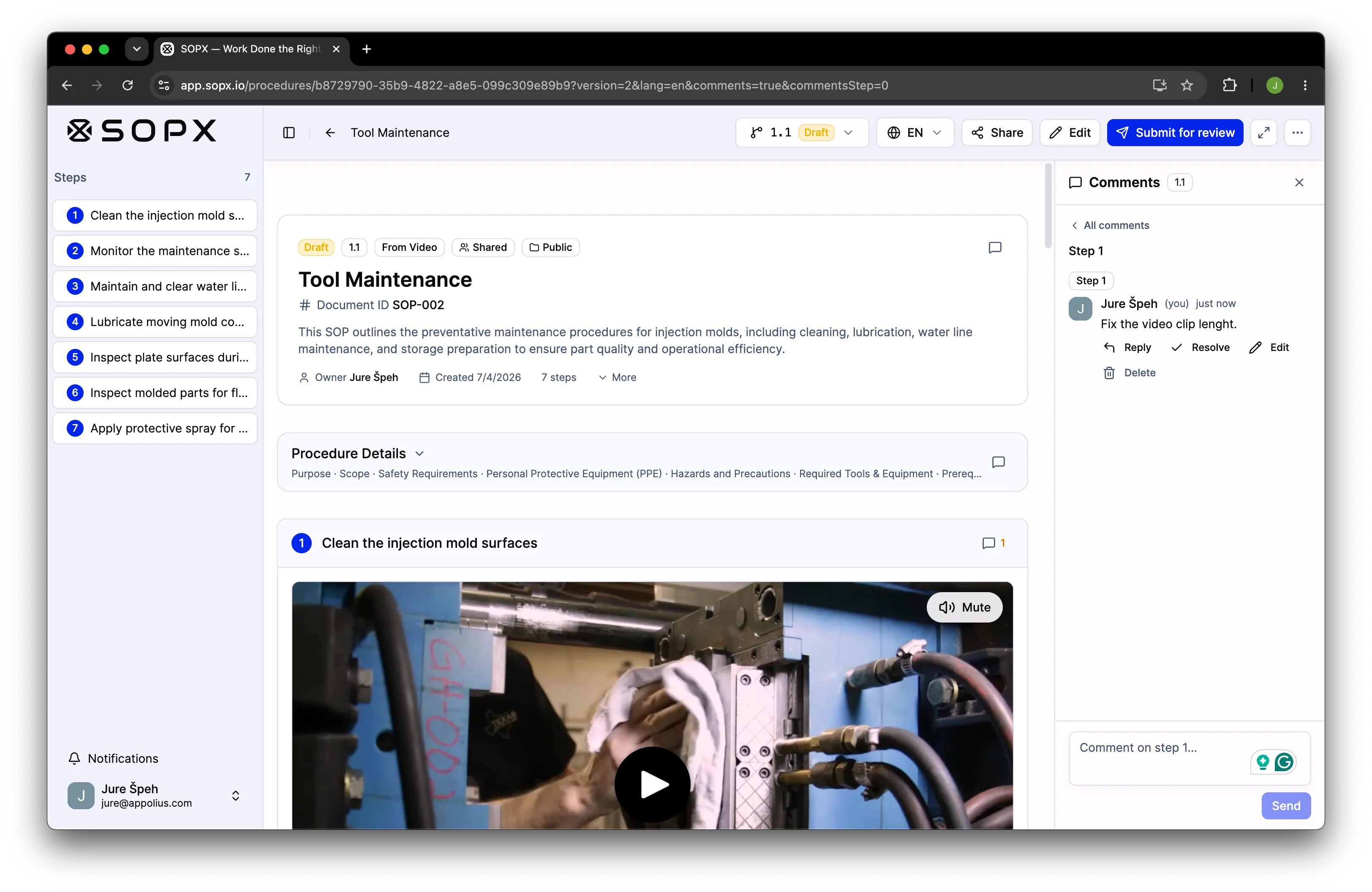 The SOPX comments panel open beside a procedure, showing a thread and a reply.