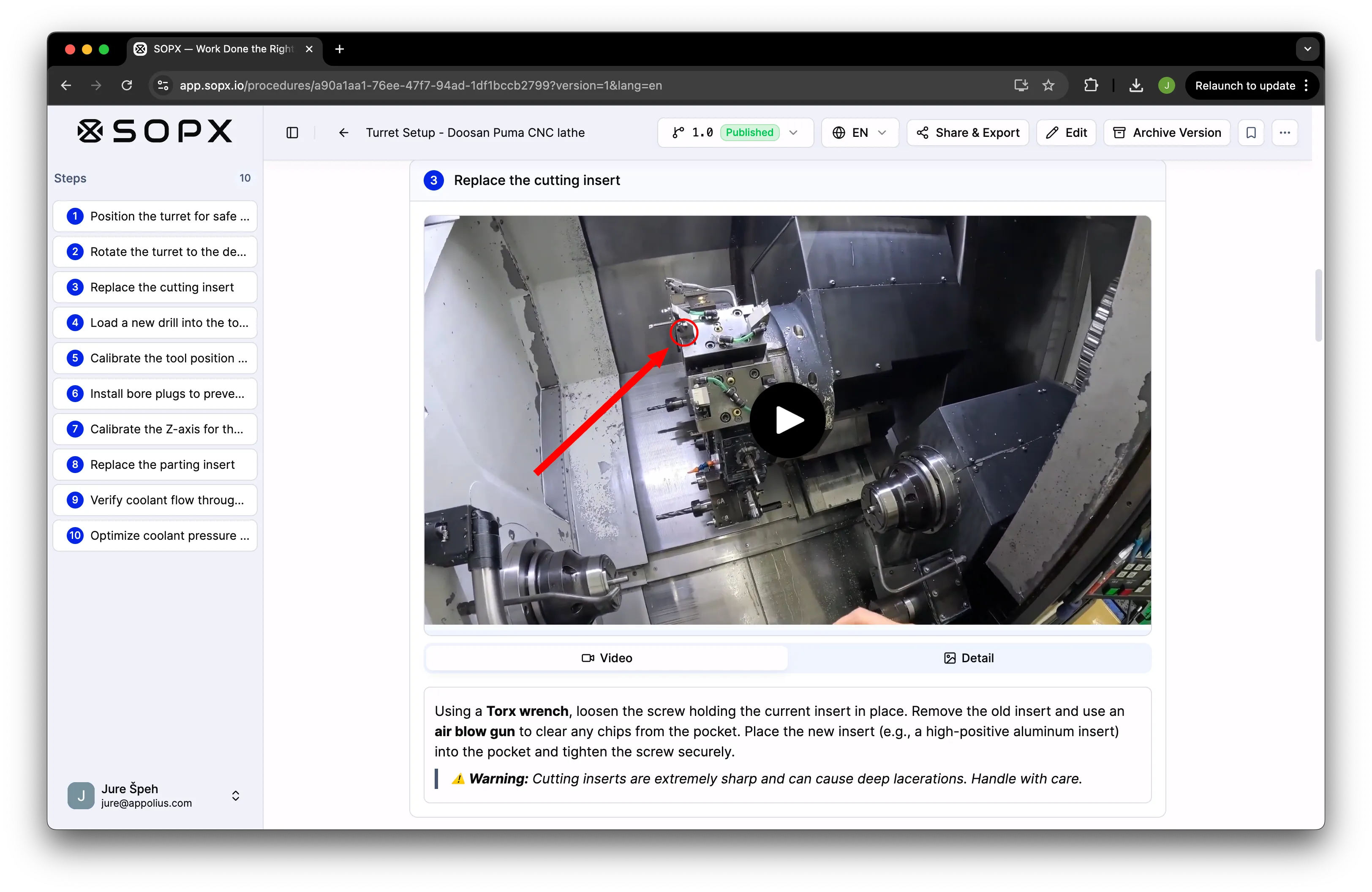 SOPX editor showing an AI-generated SOP with steps and trimmed video clips