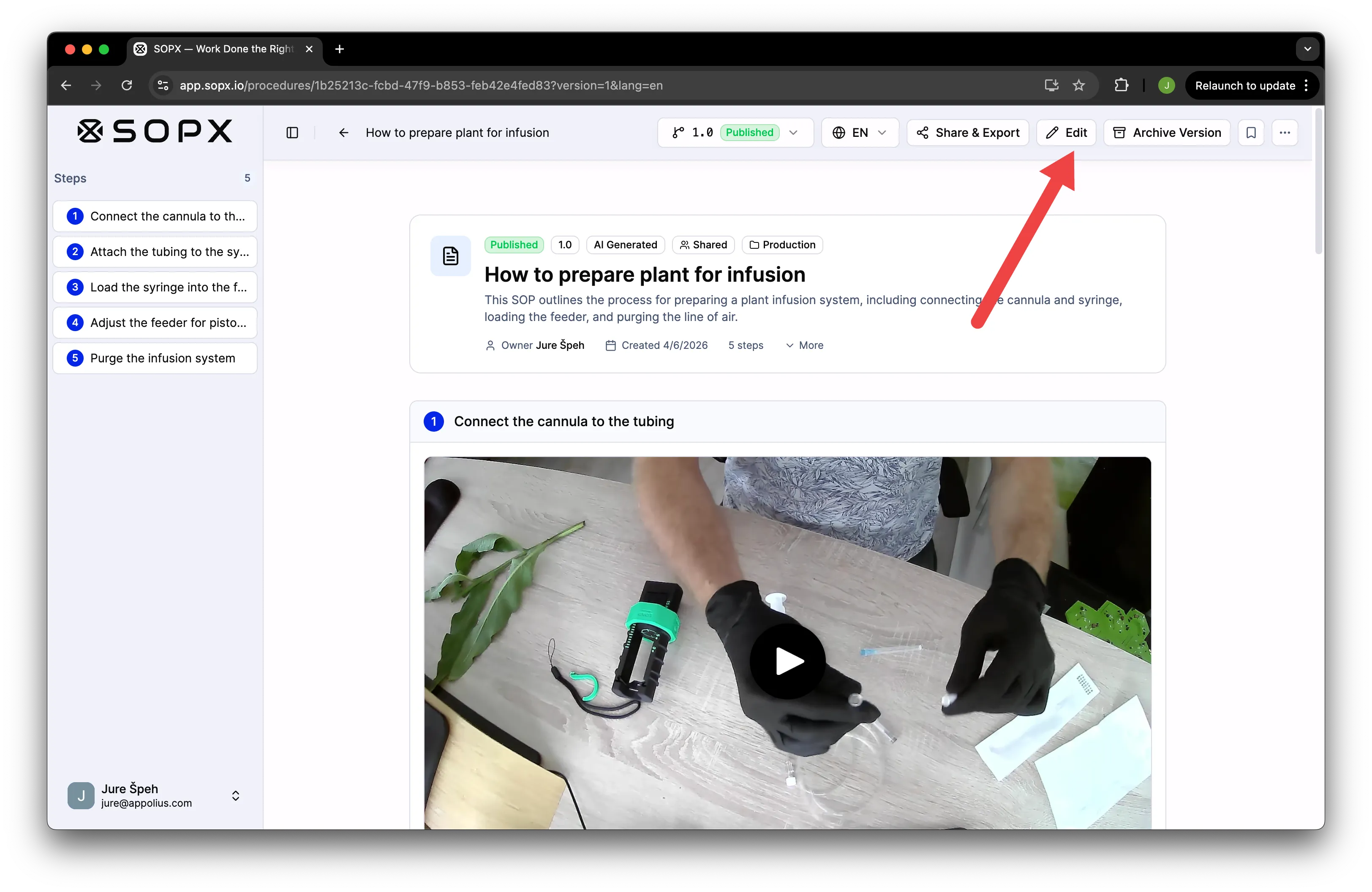 Opening an SOP and entering editor mode in SOPX