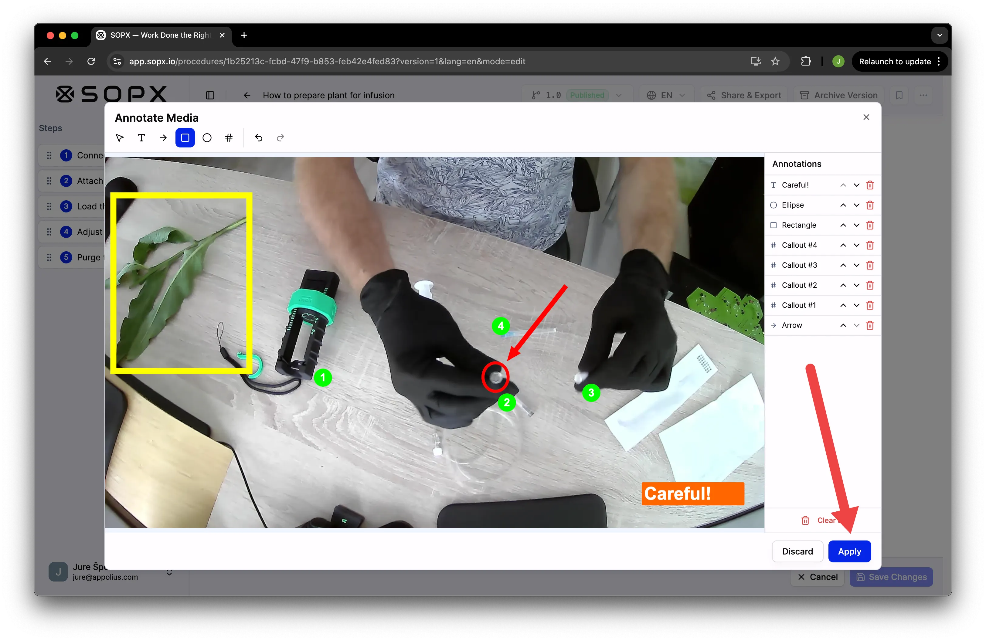Apply button confirming annotations on the frame in SOPX