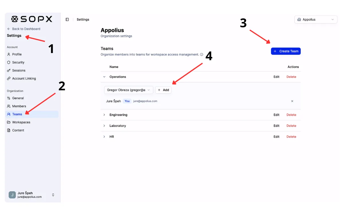 Creating a team and adding members in SOPX