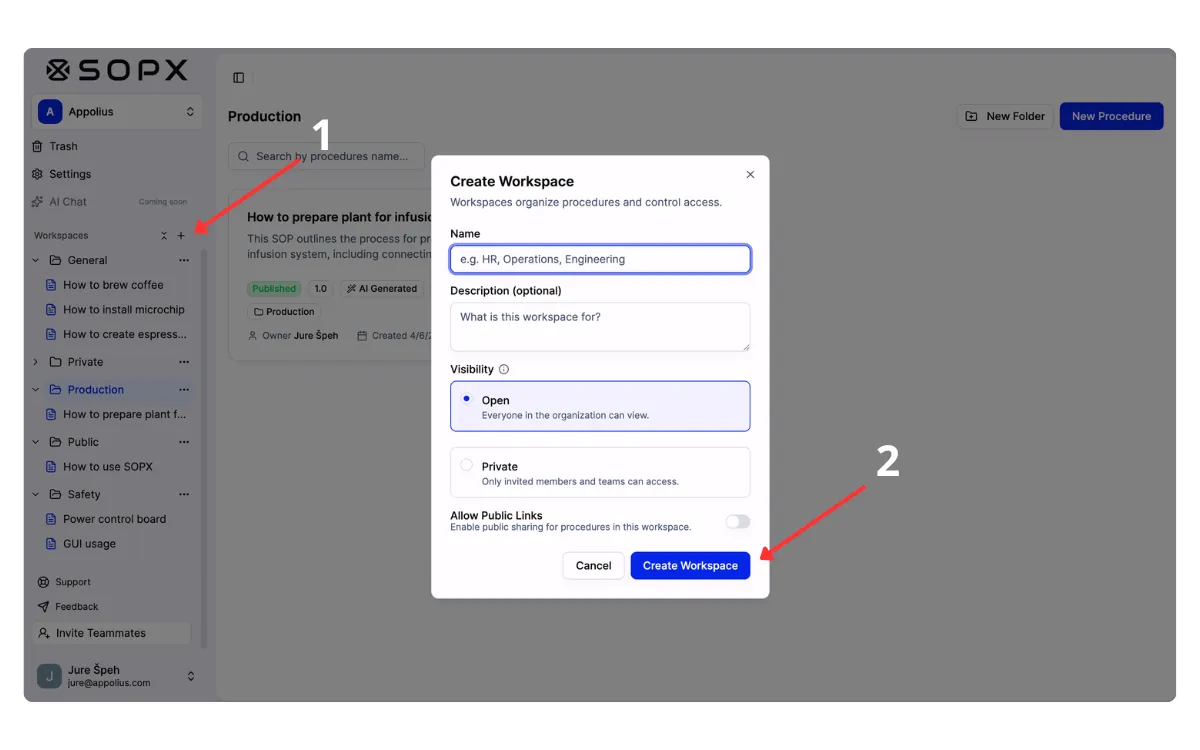 Creating a workspace with visibility settings in SOPX