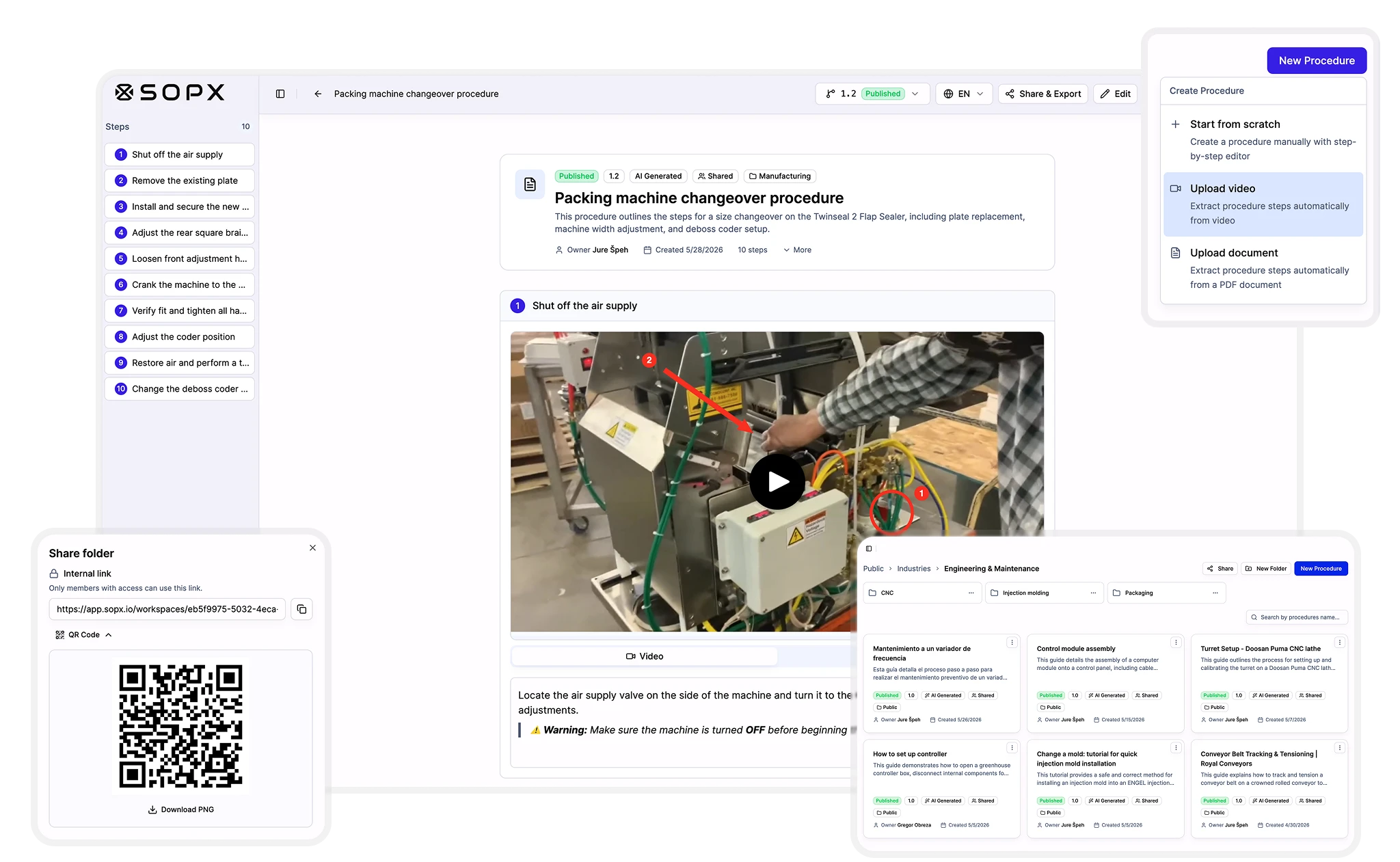 SOPX workspace showing a packing machine changeover SOP with step list, video clip, QR code share, and create procedure menu