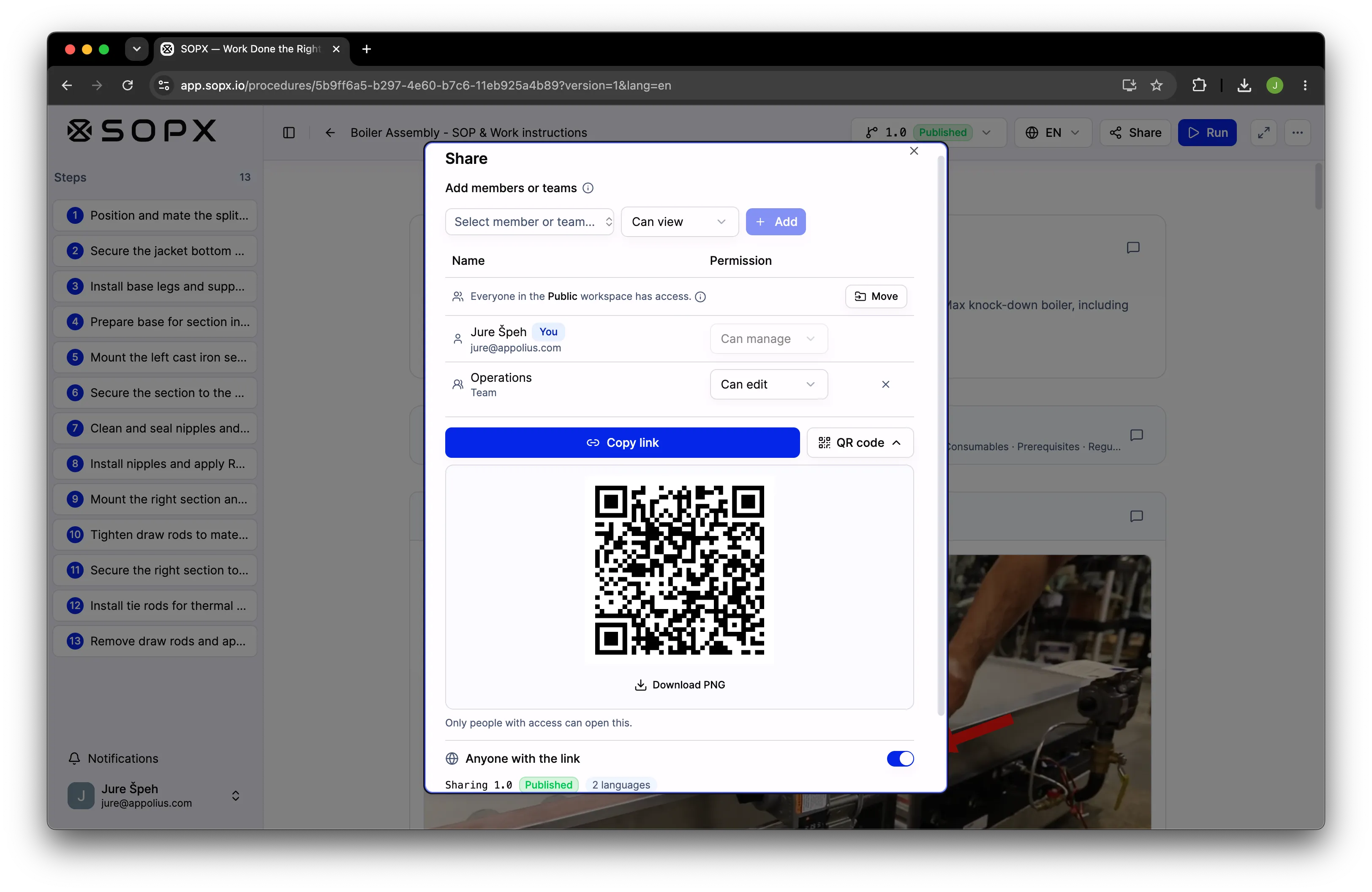The SOPX Share window with people, an internal link, and a public link switch.