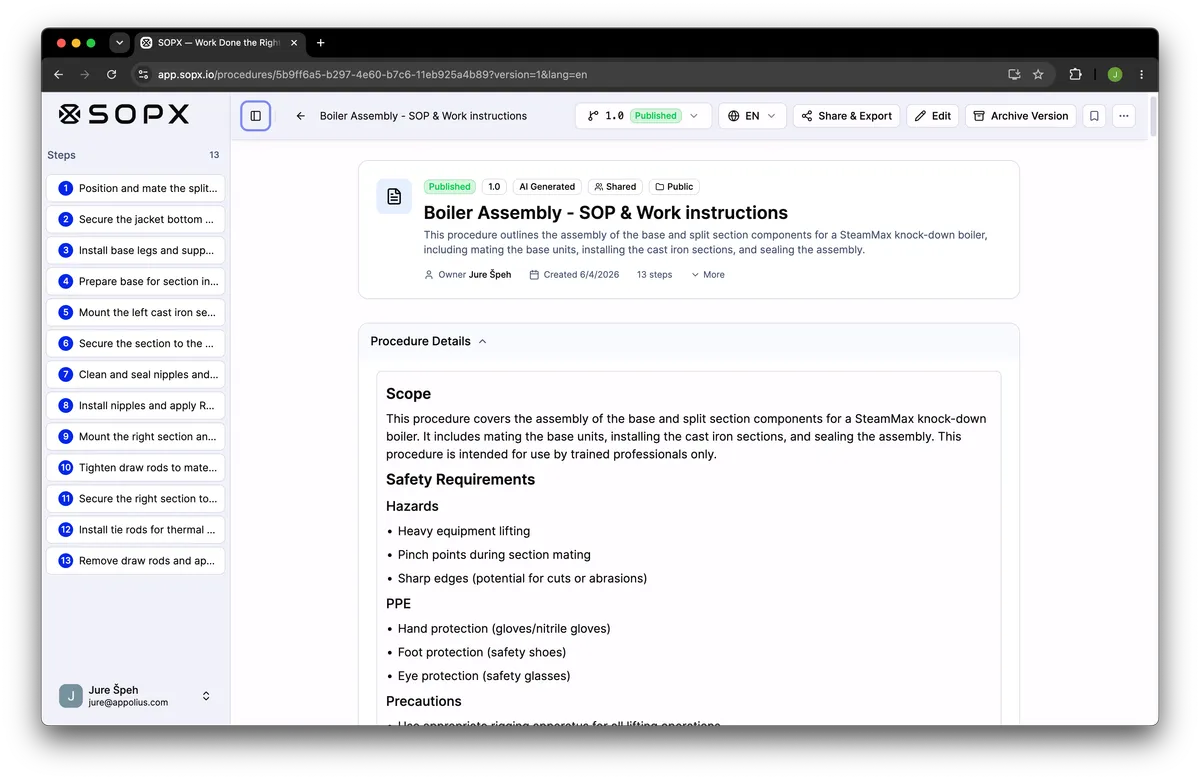 An SOP in SOPX showing the Procedure Details header with purpose, scope, and responsibilities above the step-by-step procedure.