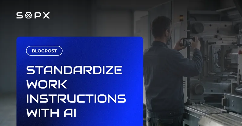 Factory worker at a machine using a smartphone to follow work instructions standardized with AI.