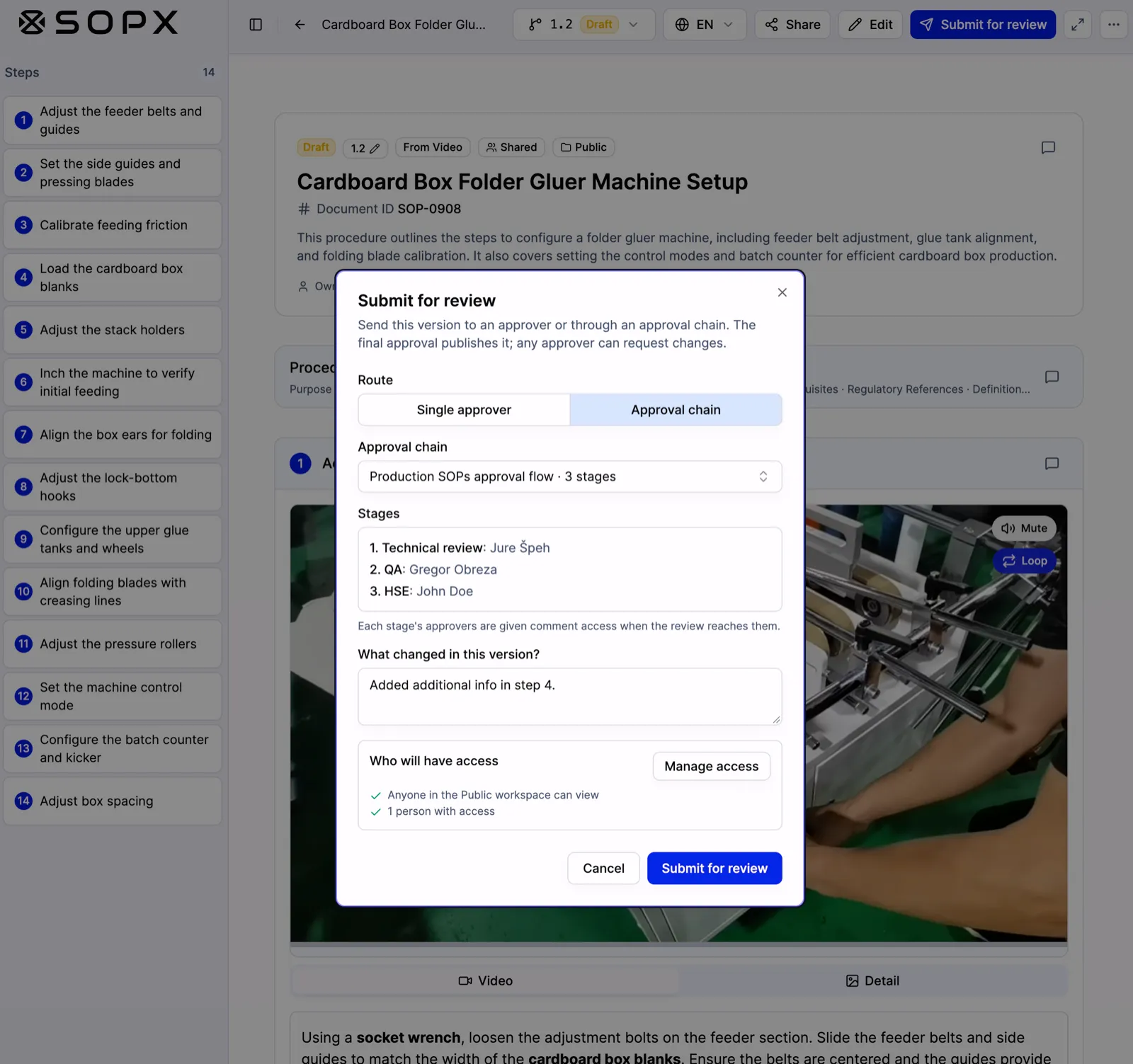 The Submit for review dialog in SOPX with Approval chain selected, showing three stages: Technical review, QA, and HSE.
