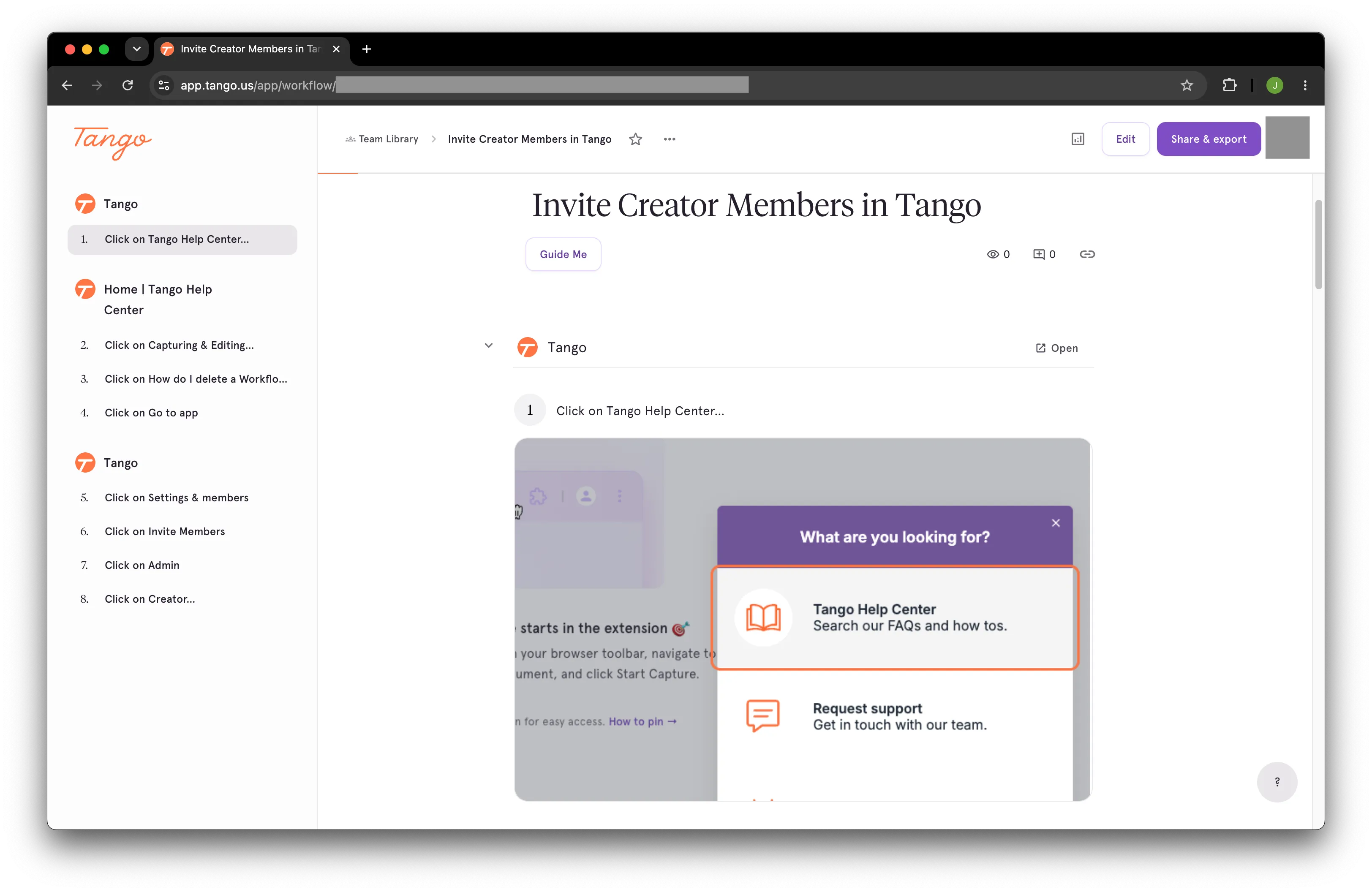 A Tango workflow titled Invite Creator Members in Tango, with eight click-by-click steps listed in the sidebar, a Guide Me button under the title, and a screenshot on step one where the target menu item is outlined in orange.