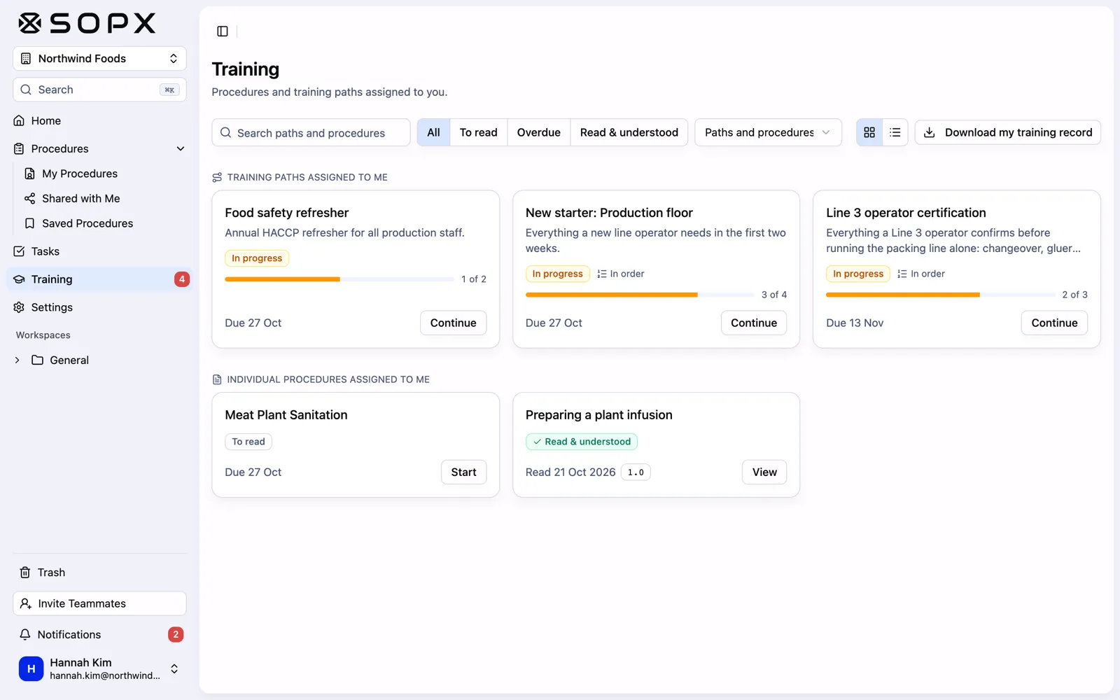 The SOPX My training page for an employee with three training paths in progress, each with a progress bar and due date, and two single procedures below, one to read and one read and understood.