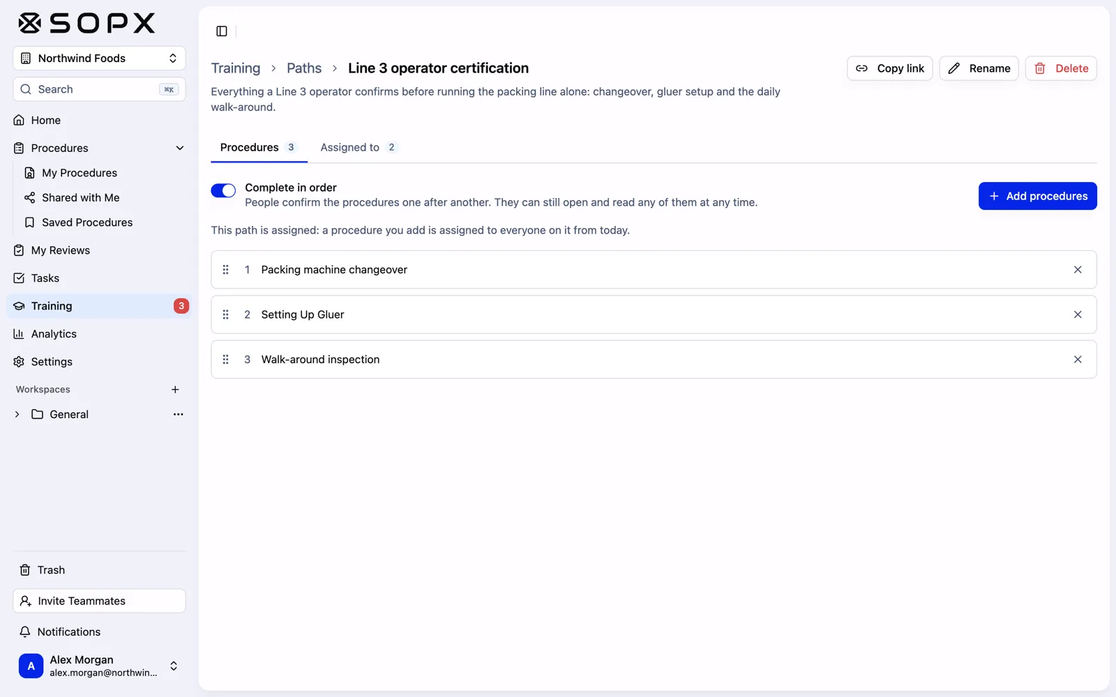 The SOPX training path editor for "Line 3 operator certification" with Complete in order turned on and three procedures: Packing machine changeover, Setting Up Gluer, and Walk-around inspection.