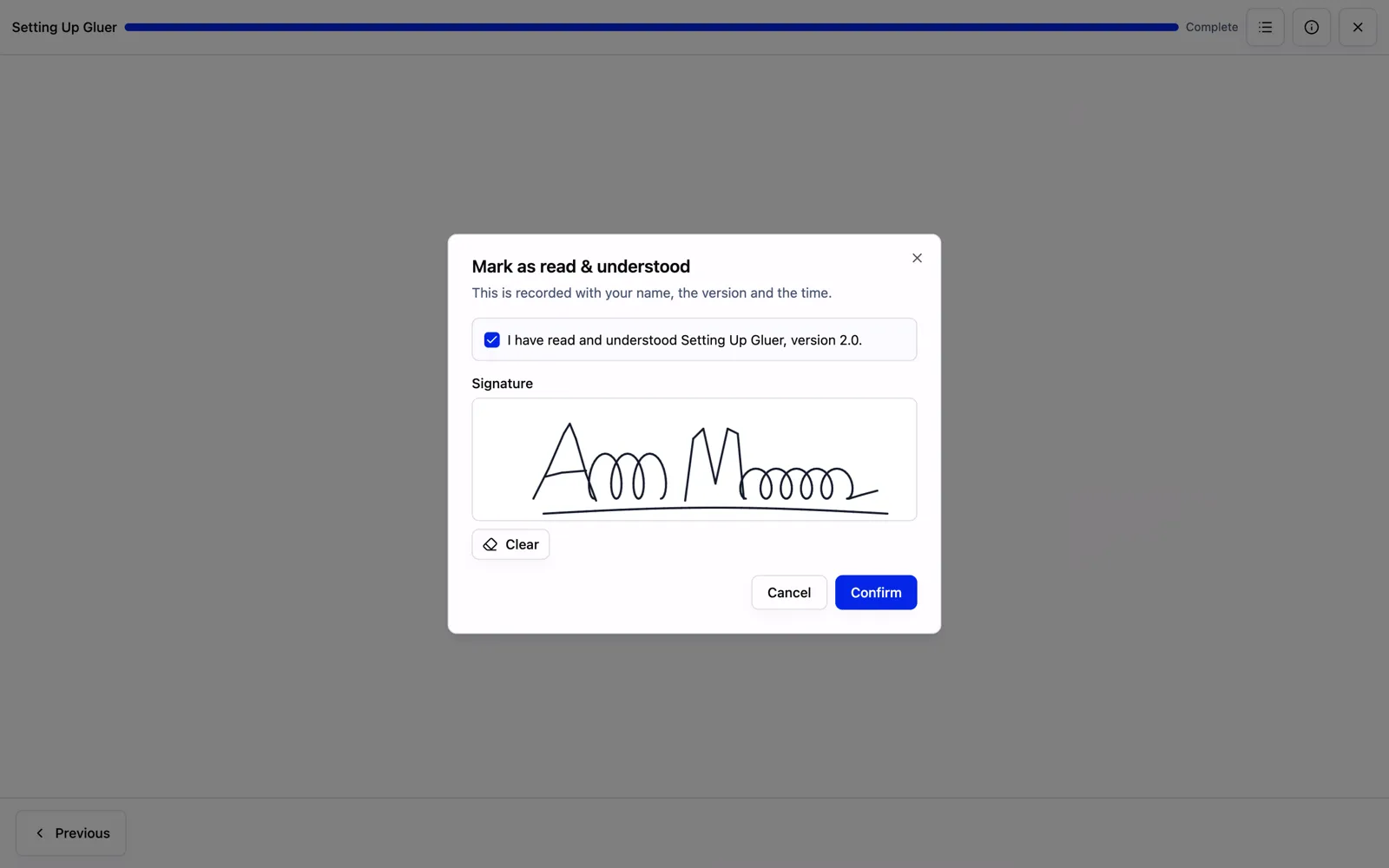 The Mark as read and understood dialog in SOPX with the statement "I have read and understood Setting Up Gluer, version 2.0." ticked and a drawn signature below.