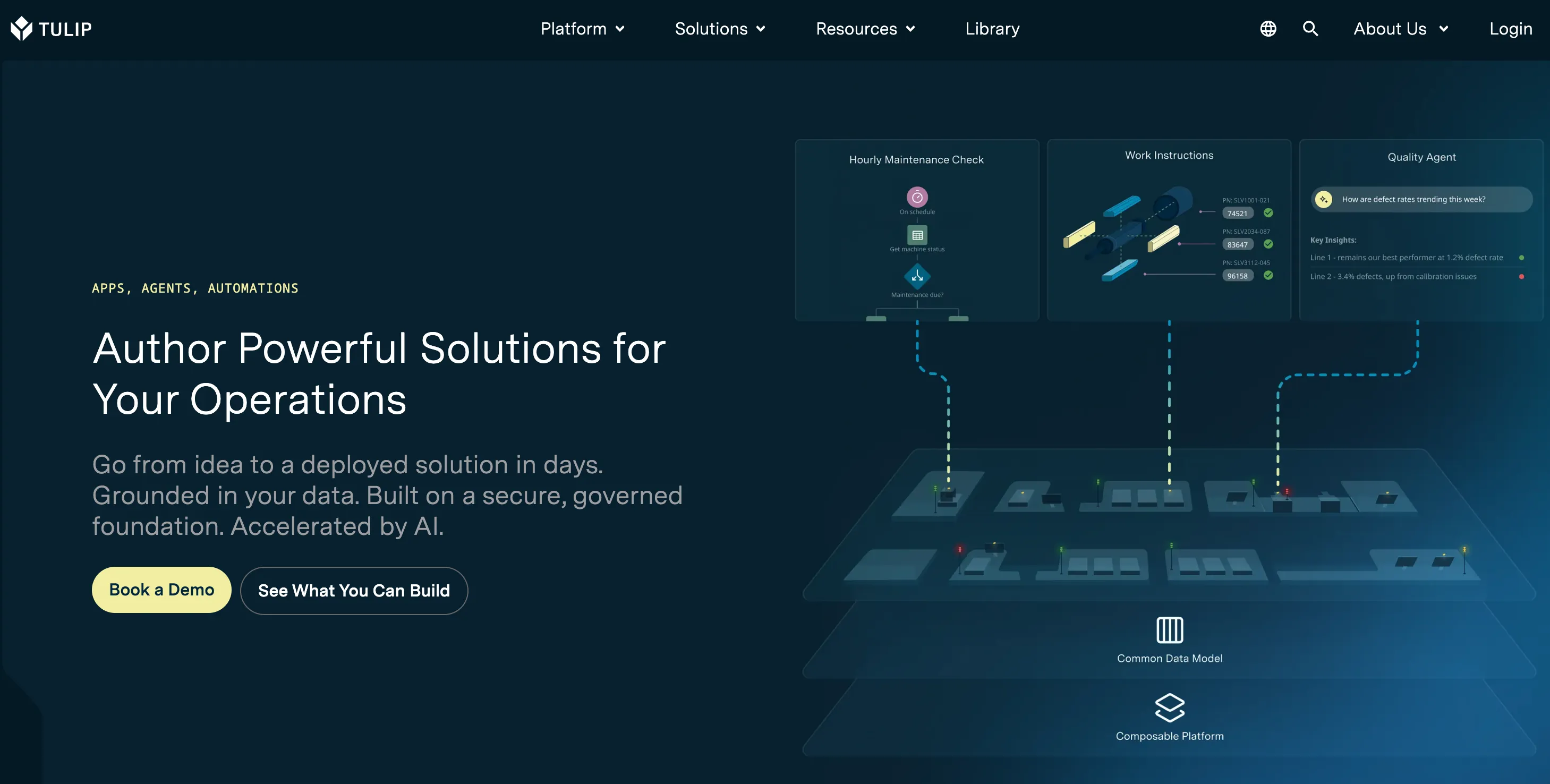 The Tulip homepage in October 2026, with the label Apps, Agents, Automations and the headline Author Powerful Solutions for Your Operations, above a diagram where work instructions are one of three apps on a shared platform.