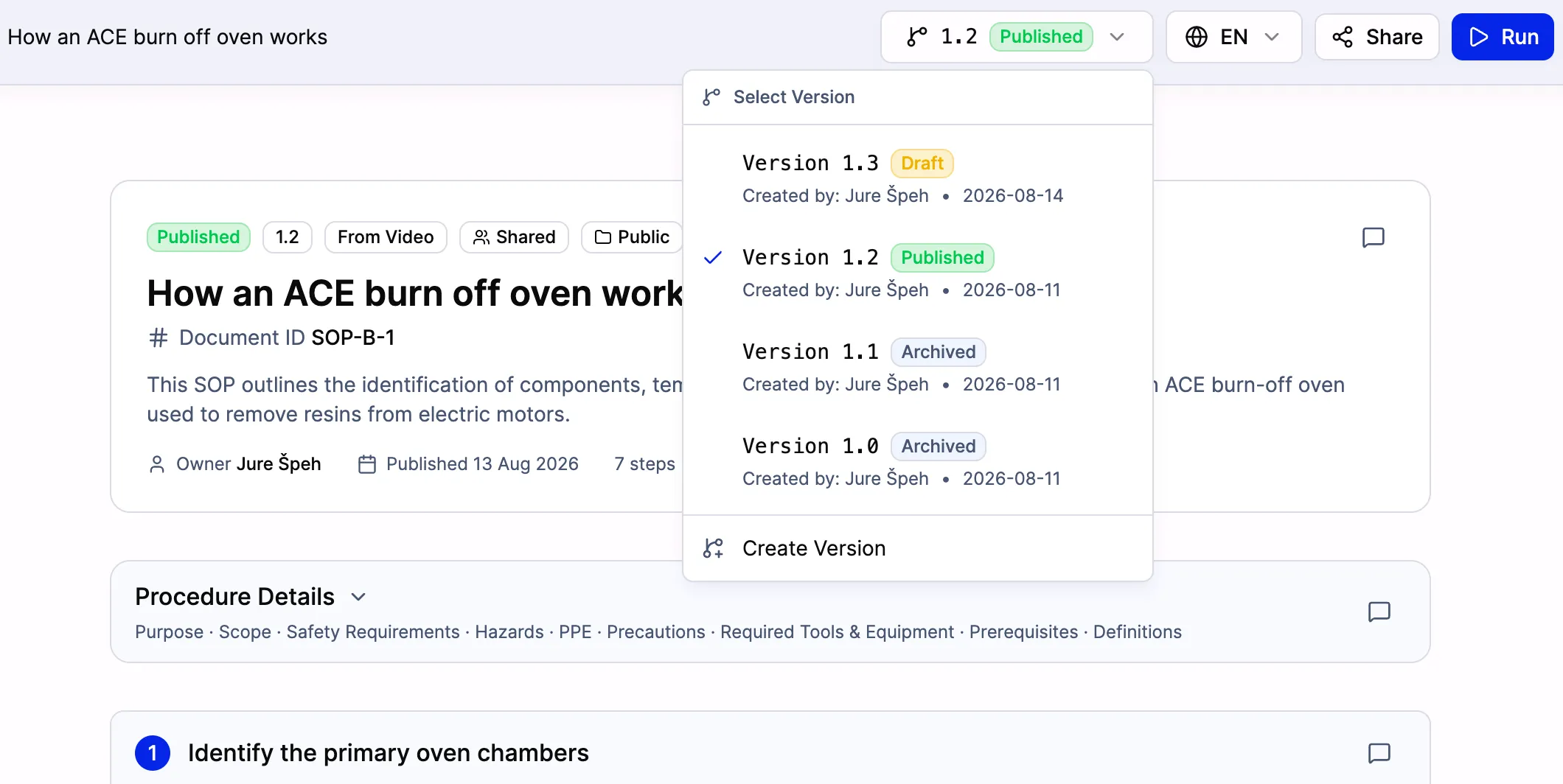The SOPX version selector open on a published procedure, listing version 1.3 as a draft, version 1.2 published and currently selected, and versions 1.1 and 1.0 archived, each with its author and date, beside the procedure's Document ID.